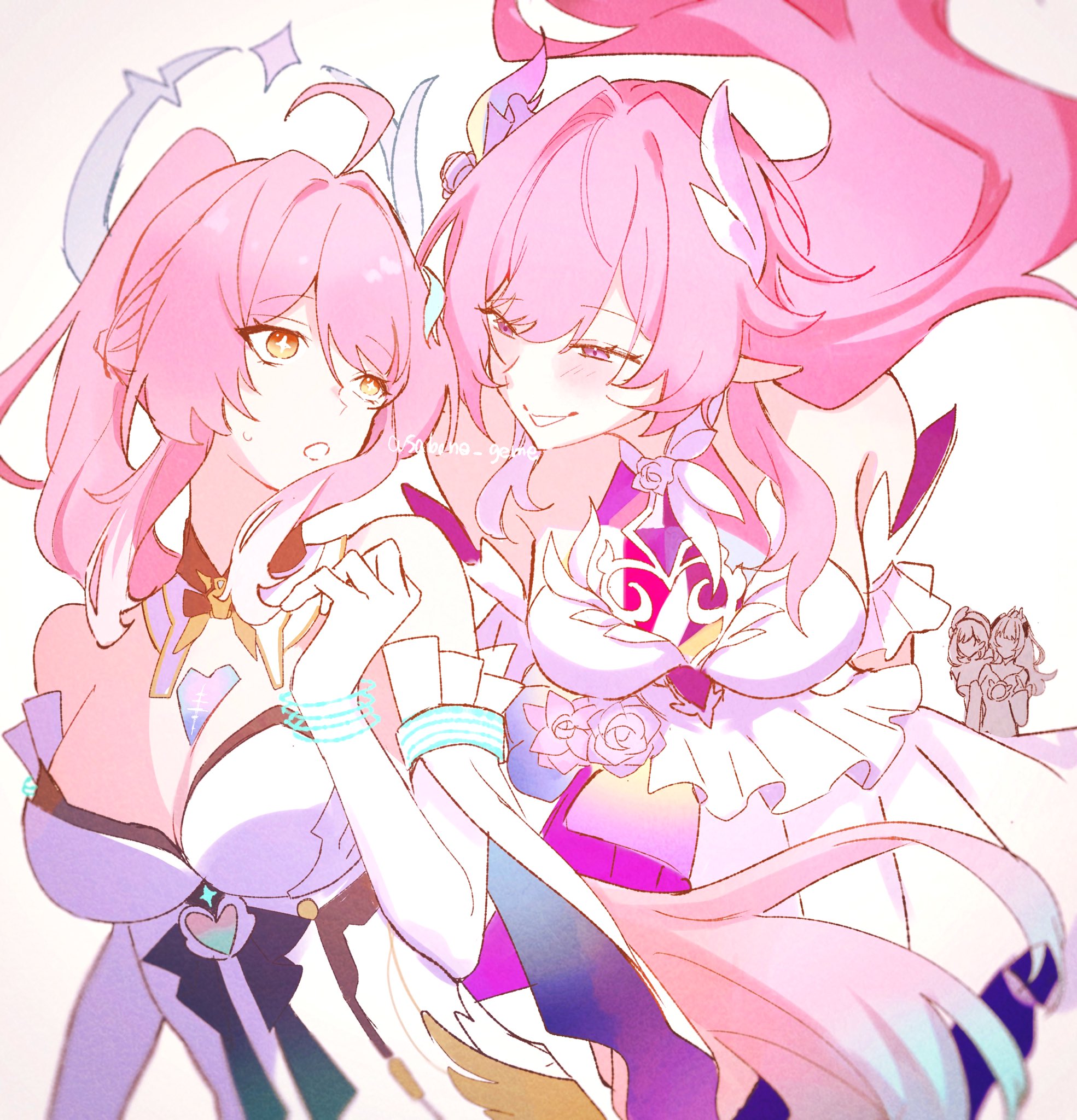 sadomne sabu, cyrene (honkai: star rail), cyrene (ripples of past reverie) (honkai: star rail), elysia (hi love elf) (honkai impact), elysia (honkai impact), inoue marina, nanami (pgr), honkai: star rail, honkai (series), honkai impact 3rd, punishing: gray raven, wuthering waves, character request, commentary request, highres, 4girls, bare shoulders, bracelet, breasts, character name, cleavage, color connection, company connection, cross-shaped pupils, dress, hair color connection, halo, jewelry, large breasts, long hair, multiple girls, pink hair, pointy ears, ponytail, purple eyes, smile, symbol-shaped pupils, twitter username, very long hair, voice actor connection, white background, white dress, yanning, yellow eyes