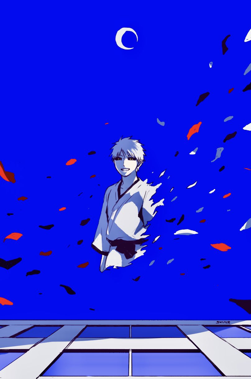 1046sstep btoh, hollow ichigo, bleach, commentary request, highres, 1boy, black sclera, colored sclera, colored skin, crescent moon, disintegration, male focus, moon, signature, smile, solo, white hair, white skin, yellow eyes