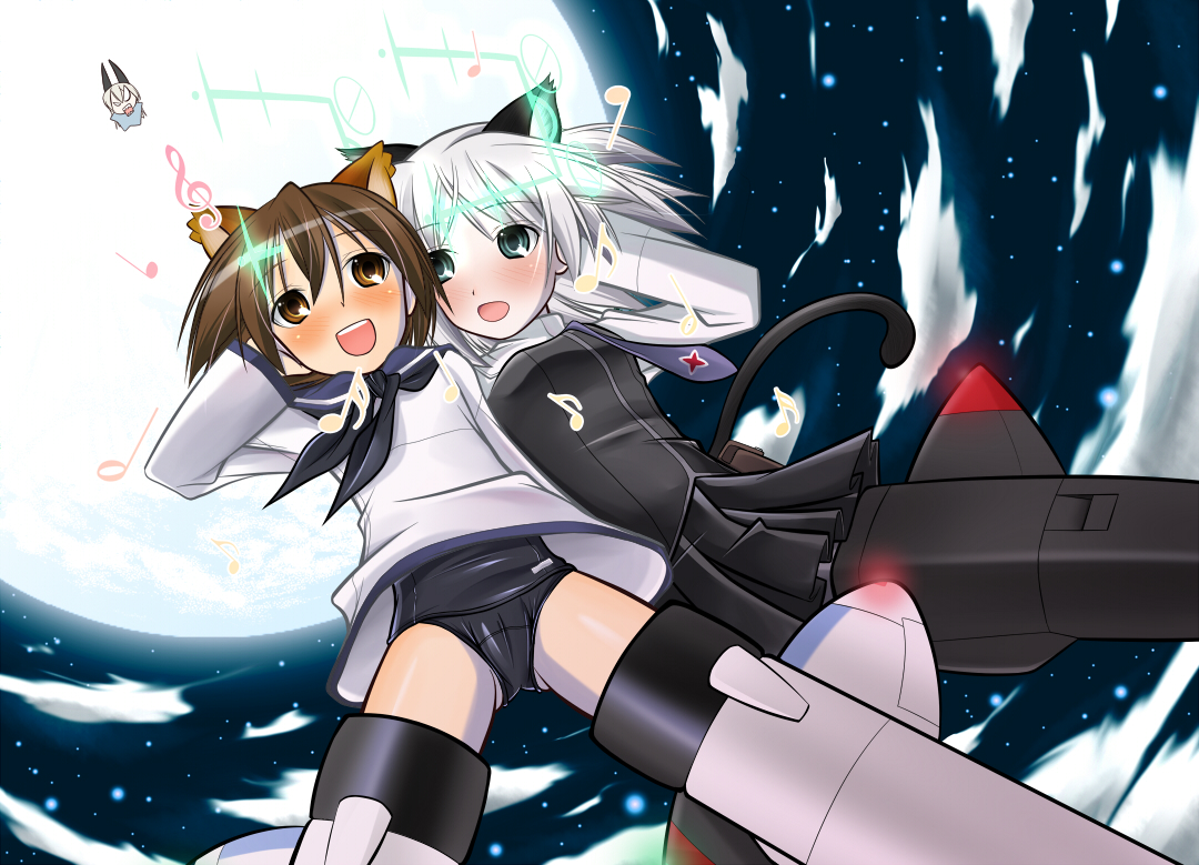 hajime monji, eila ilmatar juutilainen, miyafuji yoshika, sanya v. litvyak, strike witches, world witches series, silver hair, 00s, 3girls, animal ears, black one-piece swimsuit, black pantyhose, blonde hair, blush, brown eyes, brown hair, cat ears, cat tail, green eyes, hirschgeweih antennas, moon, multiple girls, musical note, necktie, no pants, one-piece swimsuit, pantyhose, school swimsuit, school uniform, short hair, sky, spread legs, striker unit, swimsuit, swimsuit under clothes, tail