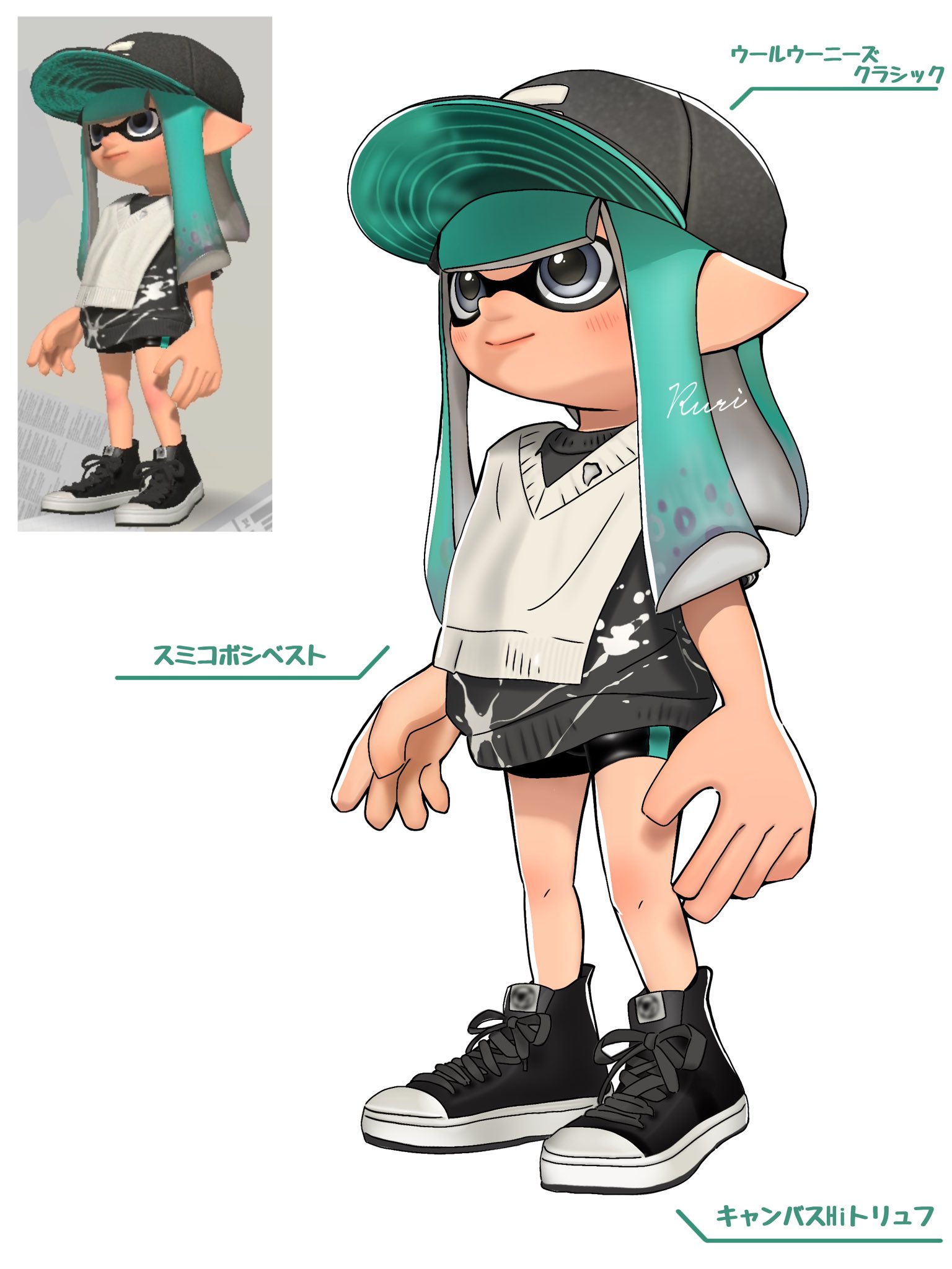 inkling girl, inkling player character, nintendo, splatoon (series), splatoon 3, commentary request, highres, translation request, 1girl, aqua hair, baseball cap, black hat, black shoes, closed mouth, cross-laced shoes, game screenshot inset, grey eyes, hat, inkling, long hair, looking ahead, multiple views, pointy ears, print hat, rurri 0925, shoes, smile, standing, tentacle hair