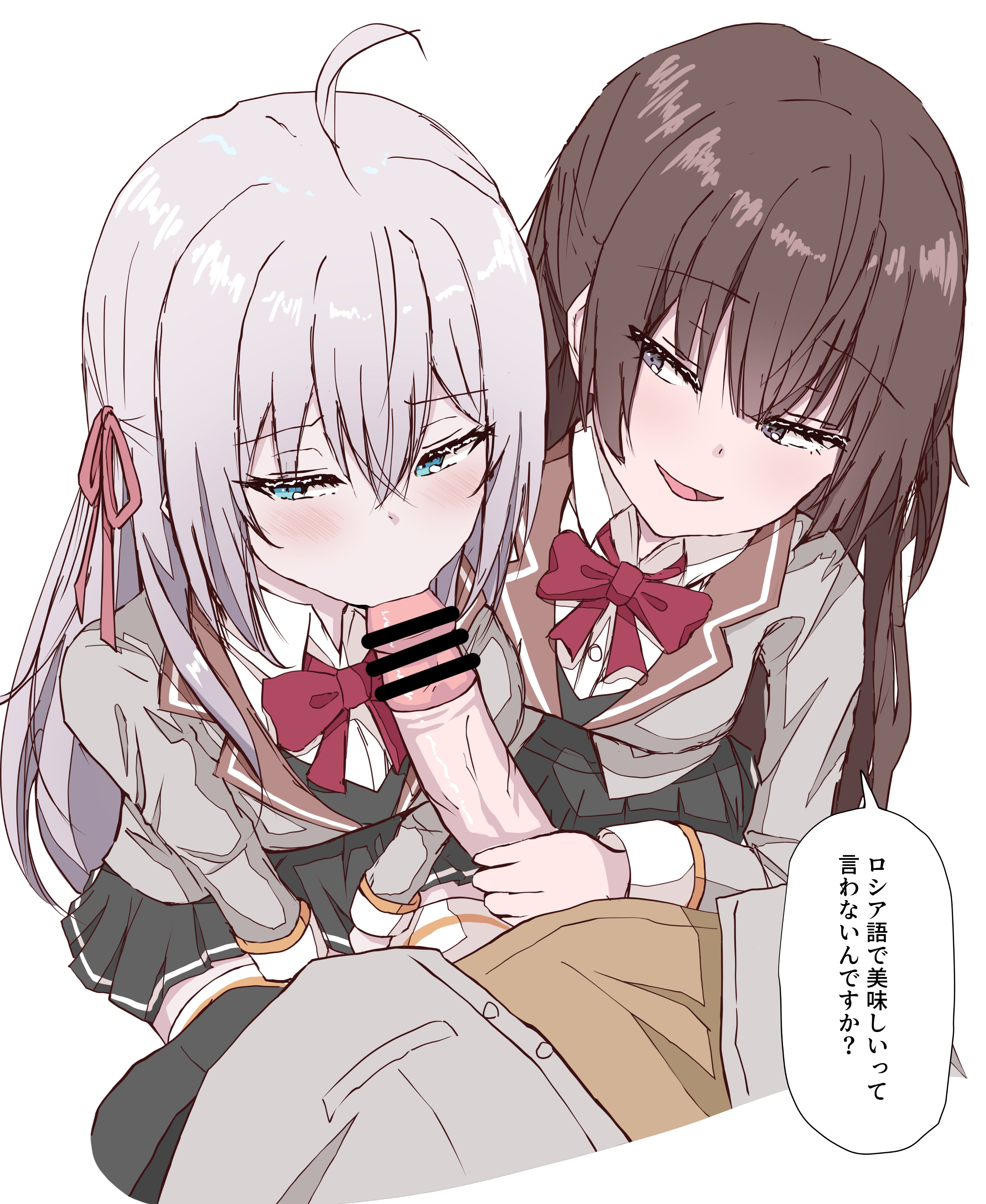 chin gero, alisa mikhailovna kujou, kuze masachika, suou yuki, tokidoki bosotto roshia-go de dereru tonari no alya-san, absurdres, highres, translation request, 1boy, 2girls, ahoge, assisted fellatio, averting eyes, bar censor, black hair, black skirt, black vest, blazer, blue eyes, bow, bowtie, censored, collared shirt, crossed bangs, fellatio, grey hair, grey jacket, hair between eyes, hair ribbon, hetero, jacket, long hair, looking at another, multiple girls, oral, penis, pleated shirt, red bow, red bowtie, red ribbon, ribbon, school uniform, seiren academy school uniform, shirt, skirt, smile, smug, speech bubble, very long hair, vest, white background