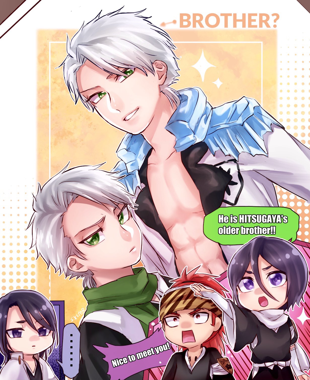 1046sstep btoh, abarai renji, hitsugaya toushirou, kuchiki byakuya, kuchiki rukia, bleach, bleach: sennen kessen-hen, commentary request, highres, 1girl, 4boys, abs, black hair, dual persona, english text, epaulettes, green eyes, green scarf, haori, height difference, hitsugaya toushirou (adult), japanese clothes, multiple boys, open mouth, purple eyes, red hair, scarf, shihakusho, smile, surprised, taichou haori, white hair, white scarf