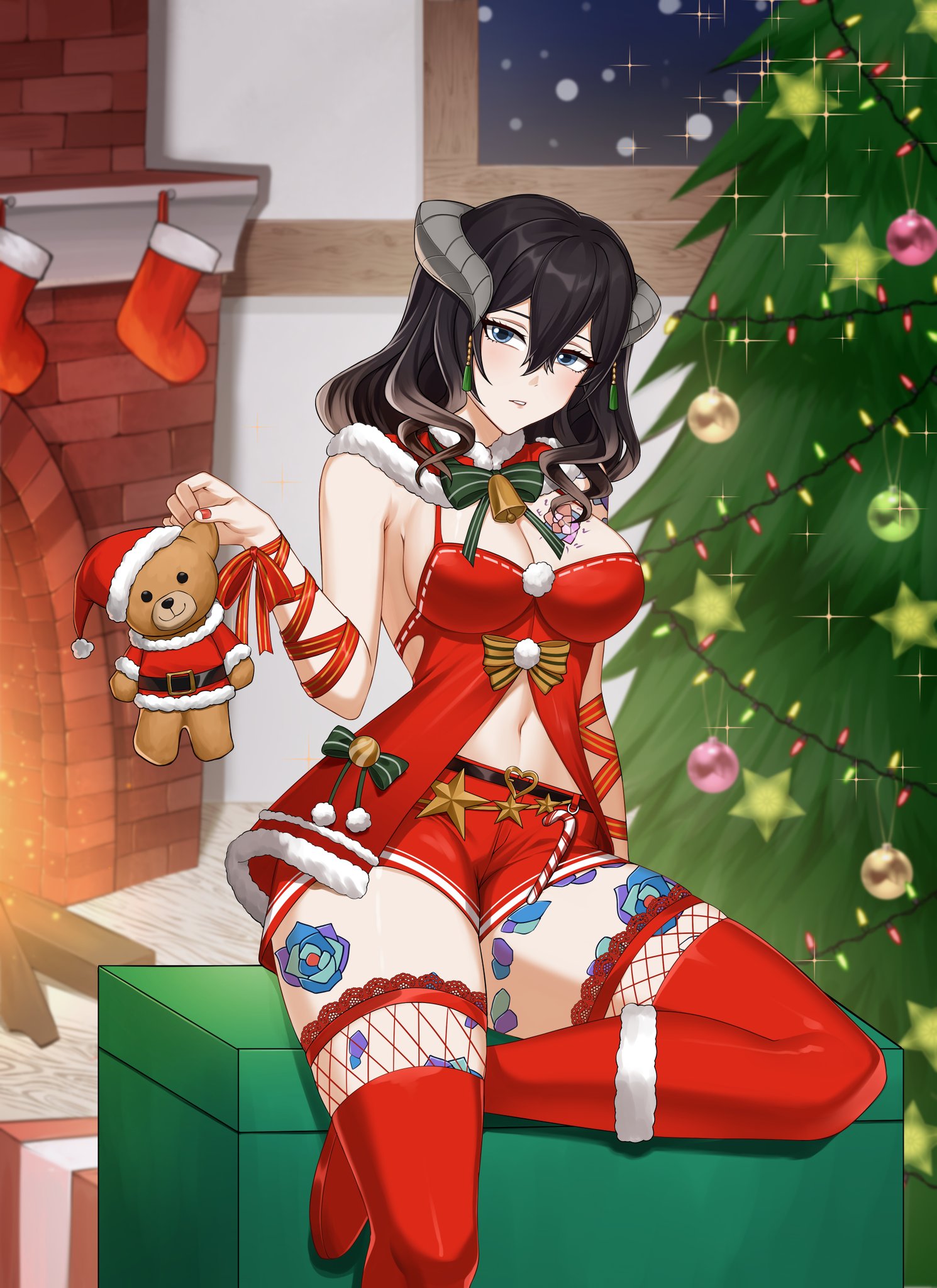 miriam (bloodstained), bloodstained: ritual of the night, bloodstained (series), 1girl, alternate costume, baejai, black hair, blue eyes, breasts, brown hair, christmas tree, cleavage, gradient hair, horn ornament, horns, indoors, looking at viewer, multicolored hair, solo, stuffed animal, stuffed toy, teddy bear