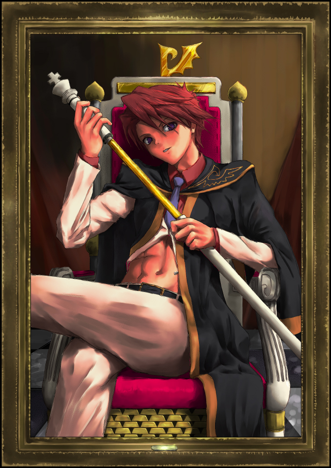 kuku px, ushiromiya battler, umineko no naku koro ni, framed, spoilers, 00s, 1boy, blouse, checkered floor, collared shirt, head tilt, male focus, portrait, red shirt, shirt, sitting, solo