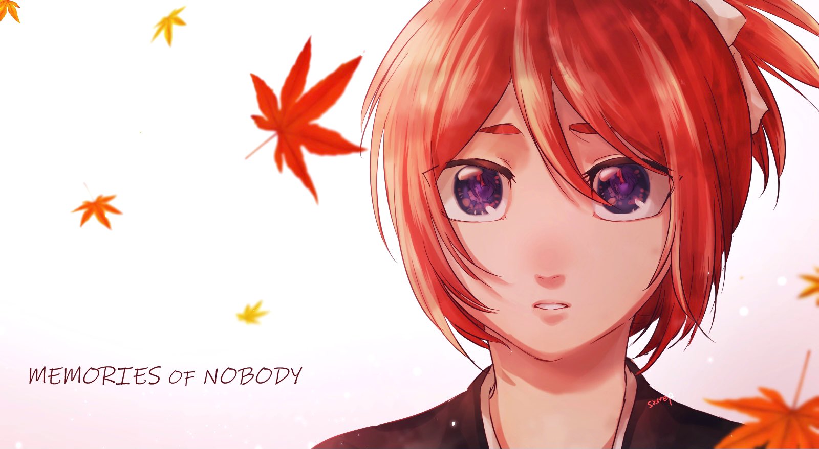 1046sstep btoh, abarai ichika, bleach, bleach: epilogue, commentary, english commentary, highres, 1girl, english text, japanese clothes, leaf, maple leaf, parted lips, ponytail, portrait, purple eyes, red hair, solo