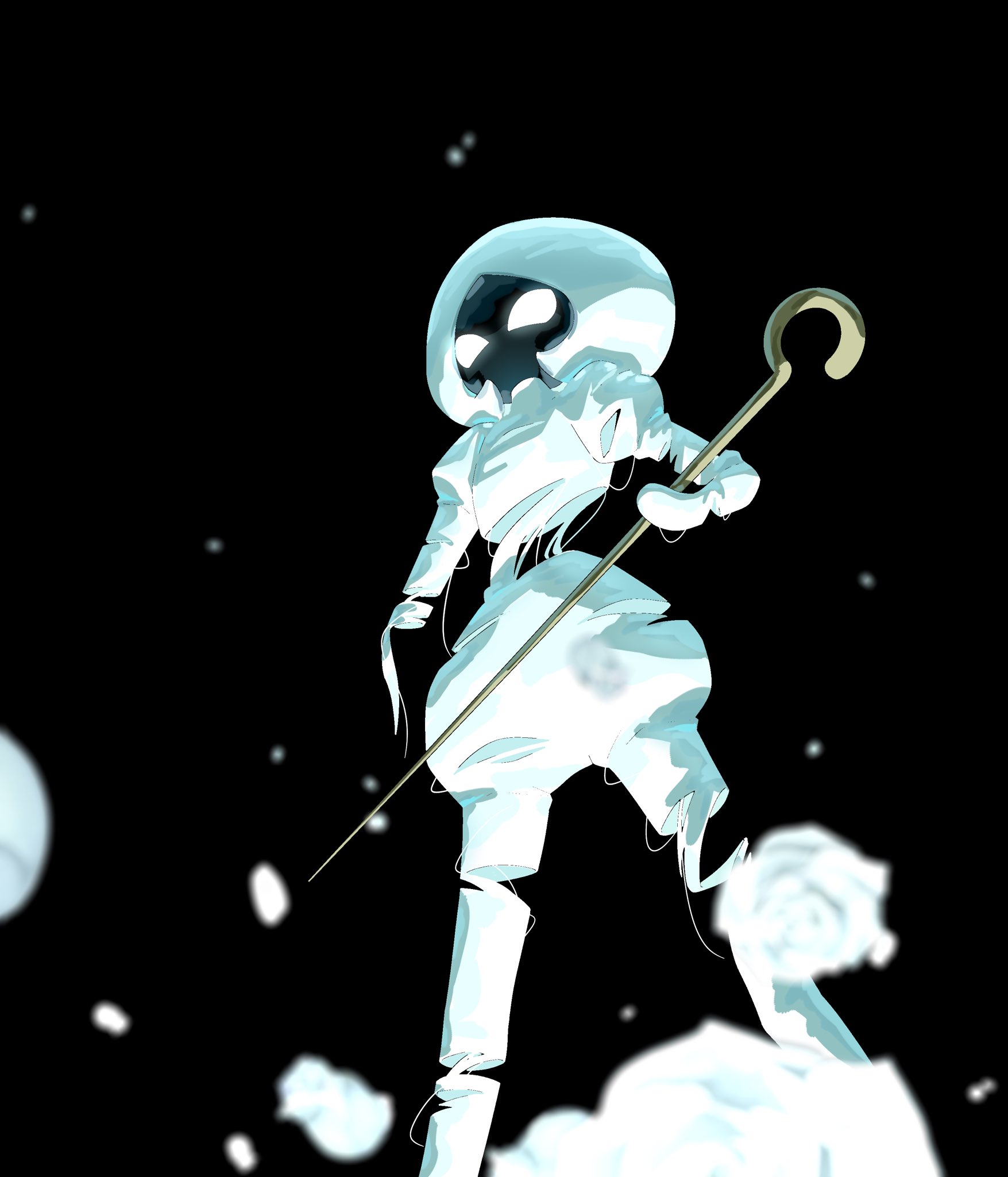 lace (hollow knight), hollow knight, hollow knight: silksong, highres, 1girl, arthropod girl, black background, black skin, colored skin, feet out of frame, from below, glowing, glowing eyes, holding, holding weapon, juliet sleeves, long sleeves, ming11335, pin (hollow knight), puffy sleeves, simple background, solo, standing, weapon, white eyes, white skin