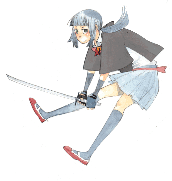 kajiwara shikaji, original, silver hair, bad id, bad pixiv id, commentary, 1girl, bell, blunt bangs, bow, female focus, fingerless gloves, full body, gloves, grey eyes, hime cut, katana, ponytail, school uniform, simple background, skirt, socks, solo, sword, weapon, white background