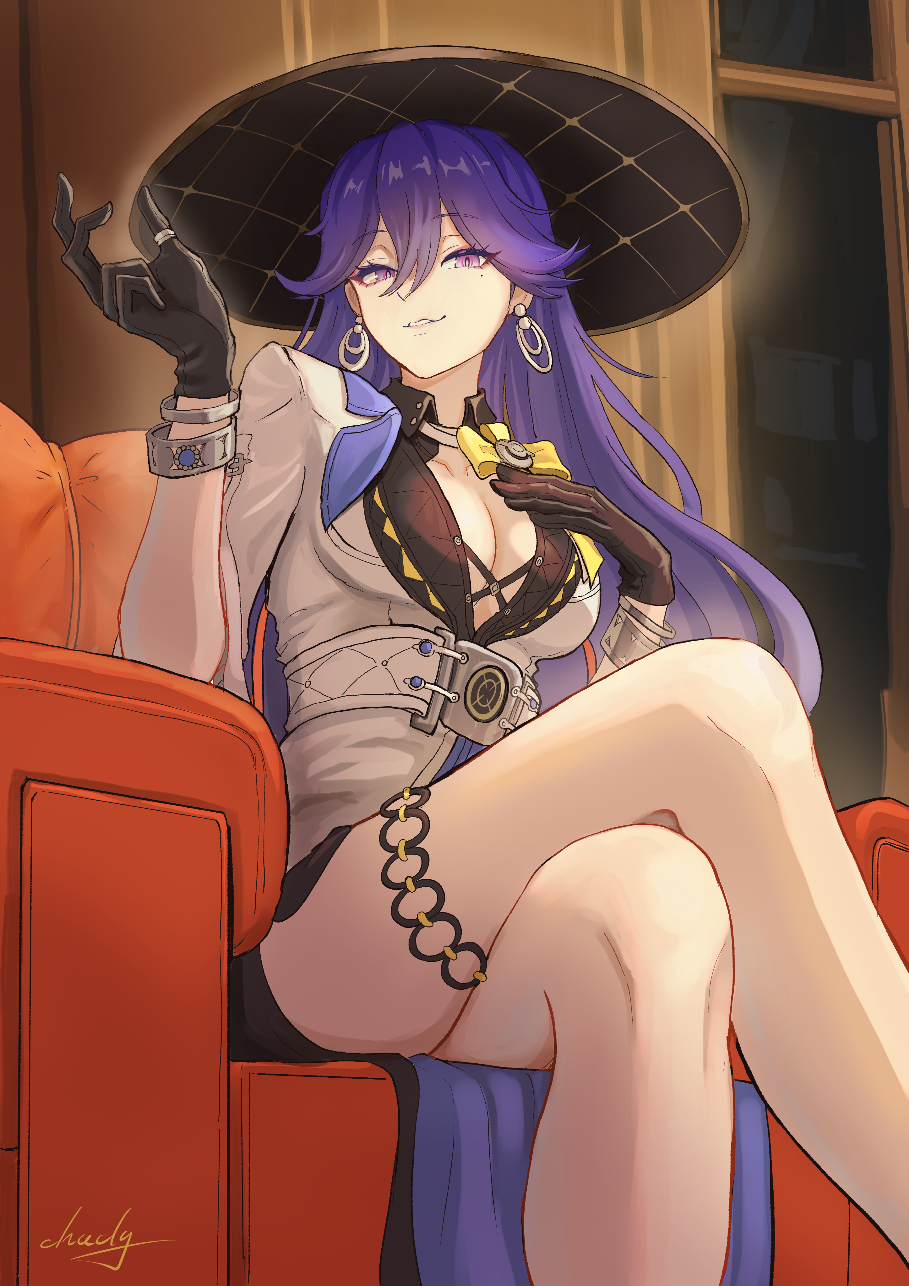 chucky (chucky1000sun), lucilla (wuthering waves), wuthering waves, absurdres, commentary request, highres, 1girl, black gloves, black hat, breasts, cleavage, collarbone, crossed legs, earrings, feet out of frame, gloves, hair between eyes, hand up, hat, hoop earrings, indoors, jacket, jewelry, large breasts, long hair, looking at viewer, mole, mole under eye, parted lips, purple eyes, purple hair, signature, sitting, smile, solo, white jacket