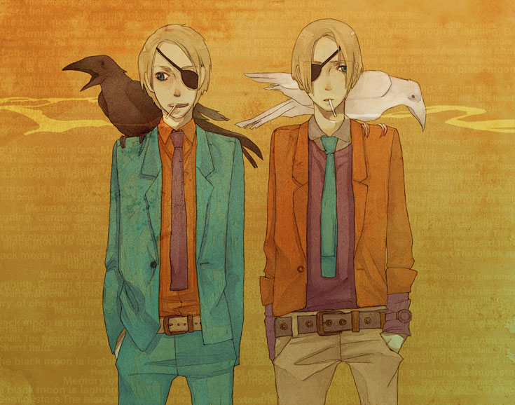 kajiwara shikaji, original, bad id, bad pixiv id, commentary, translated, 2boys, animal, animal on shoulder, belt, bird, bird on shoulder, blazer, blonde hair, blue eyes, cigarette, crow, eyepatch, hands in pockets, jacket, male focus, multiple boys, necktie, smoking, watch, wristwatch