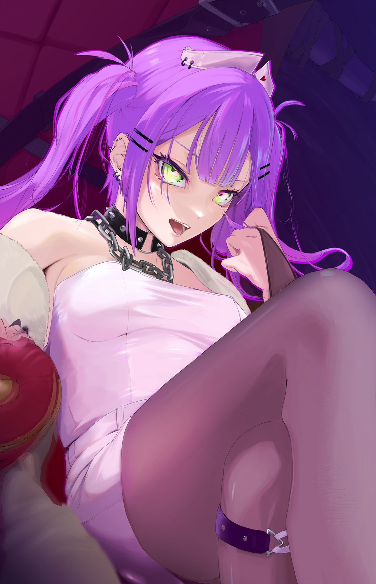 tokoyami towa, hololive, hashtag-only commentary, highres, 1girl, breasts, cowboy shot, crossed legs, ear piercing, edge ill, green eyes, grey pantyhose, hair ornament, hairclip, hand up, long hair, looking at viewer, open mouth, pantyhose, parallel hairclips, piercing, purple hair, shirt, short shorts, shorts, sitting, small breasts, solo, strapless, strapless shirt, twintails, virtual youtuber, white shirt, white shorts