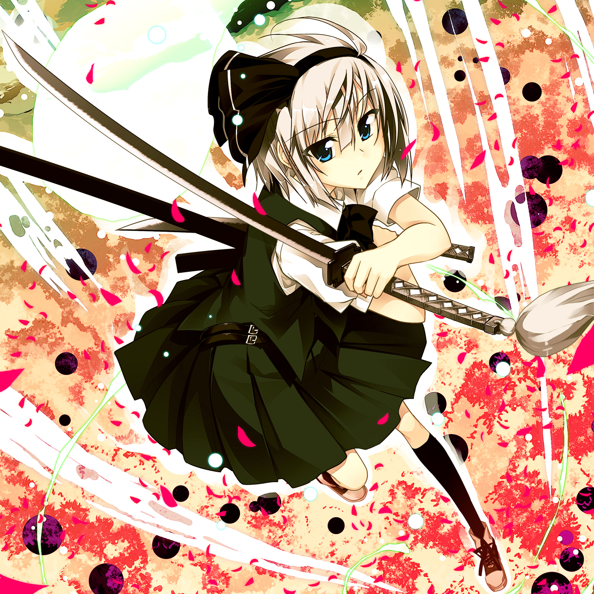 sazanami mio, konpaku youmu, konpaku youmu (ghost), touhou, silver hair, highres, 1girl, blue eyes, dual wielding, female focus, ghost, hairband, hitodama, holding, katana, kneehighs, shoes, short hair, sneakers, socks, solo, sword, tanto, weapon