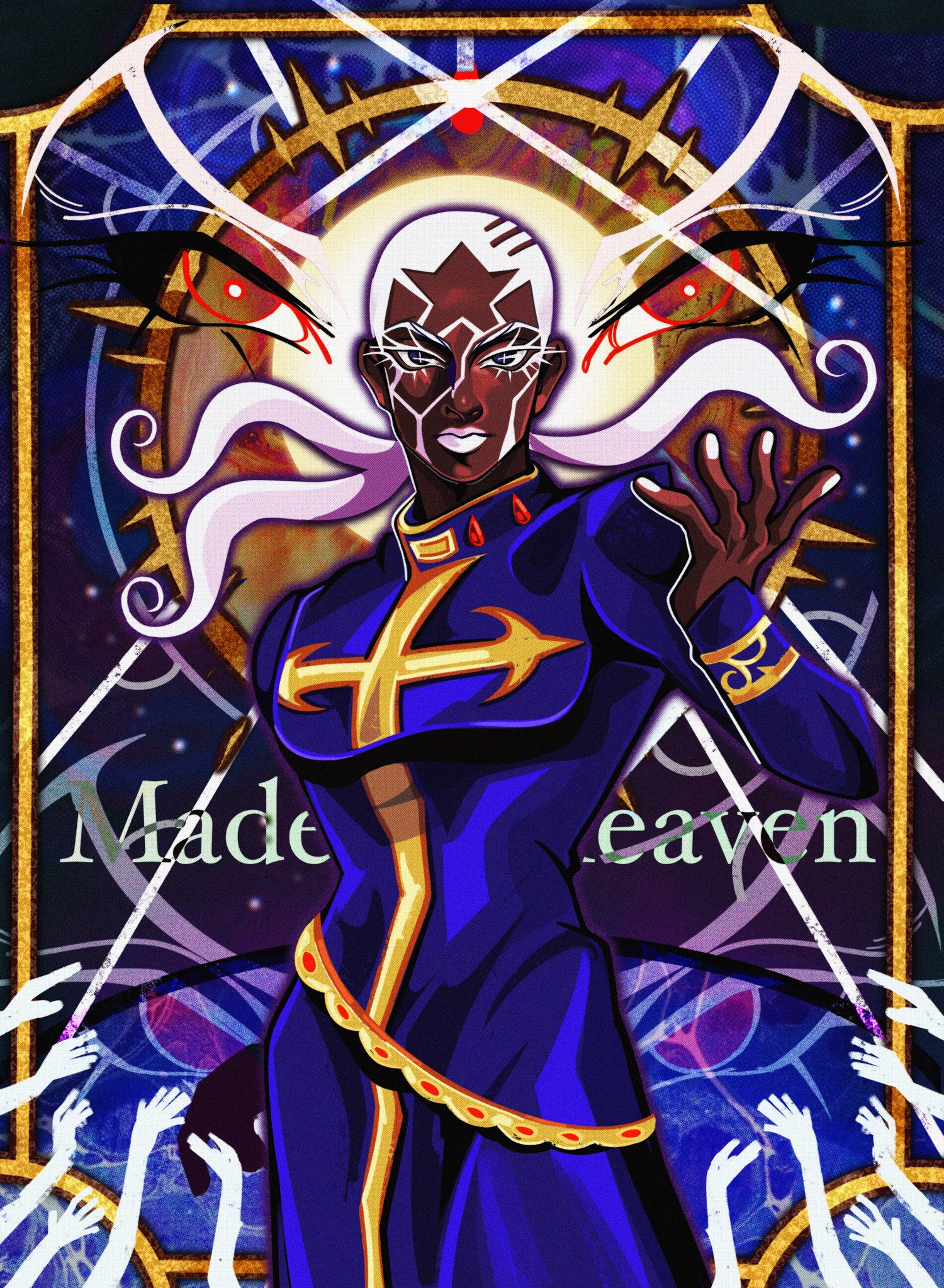 arizuume, enrico pucci, jojo no kimyou na bouken, stone ocean, commentary, english commentary, highres, 1boy, belt, blue robe, bracelet, buzz cut, cassock, cross, cross-shaped pupils, cross print, dark-skinned male, dark skin, gold belt, gold bracelet, jewelry, long hair, looking at viewer, male focus, priest, robe, short hair, smile, solo, stole, symbol-shaped pupils, very short hair, white hair, white lips, white nails