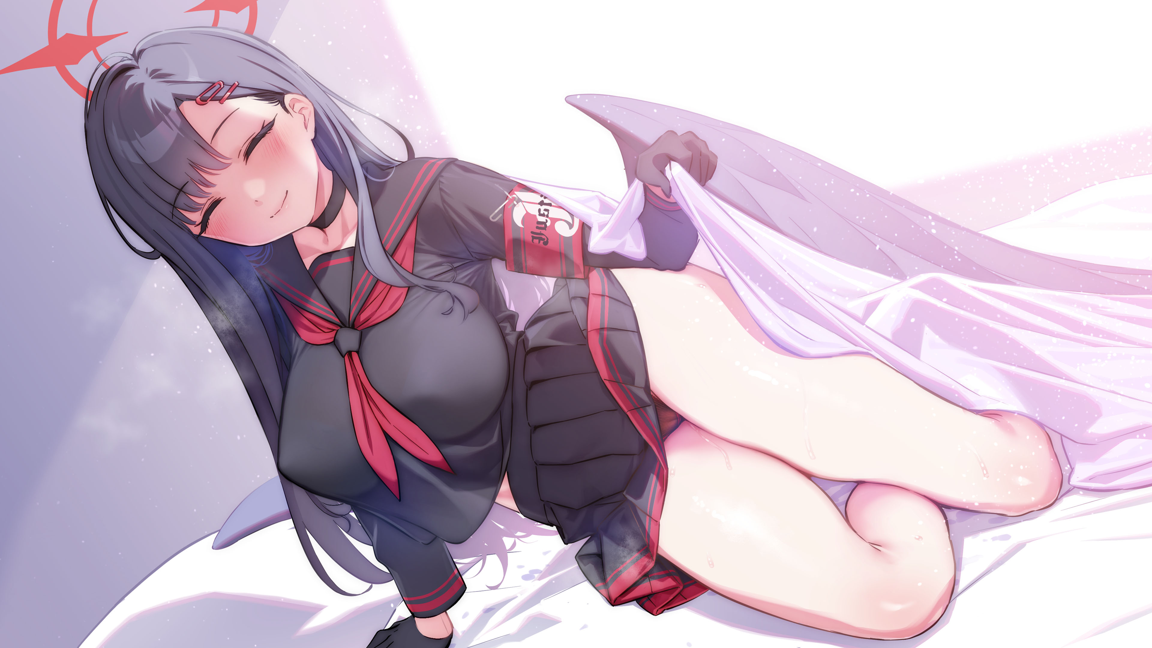 ogre (illustogre), ichika (blue archive), blue archive, absurdres, commentary request, highres, paid reward available, textless version, 1girl, arm support, bed invitation, black hair, black panties, black serafuku, black skirt, blanket, blush, breasts, breath, cameltoe, closed eyes, closed mouth, clothes lift, come hither, gloves, holding, holding blanket, large breasts, lifting covers, lifting own clothes, long hair, long sleeves, looking at viewer, neckerchief, panties, pantyshot, pleated skirt, red neckerchief, sailor collar, school uniform, serafuku, shirt, sitting, skirt, skirt lift, smile, solo, steam, thighs, under covers, underwear, yokozuwari