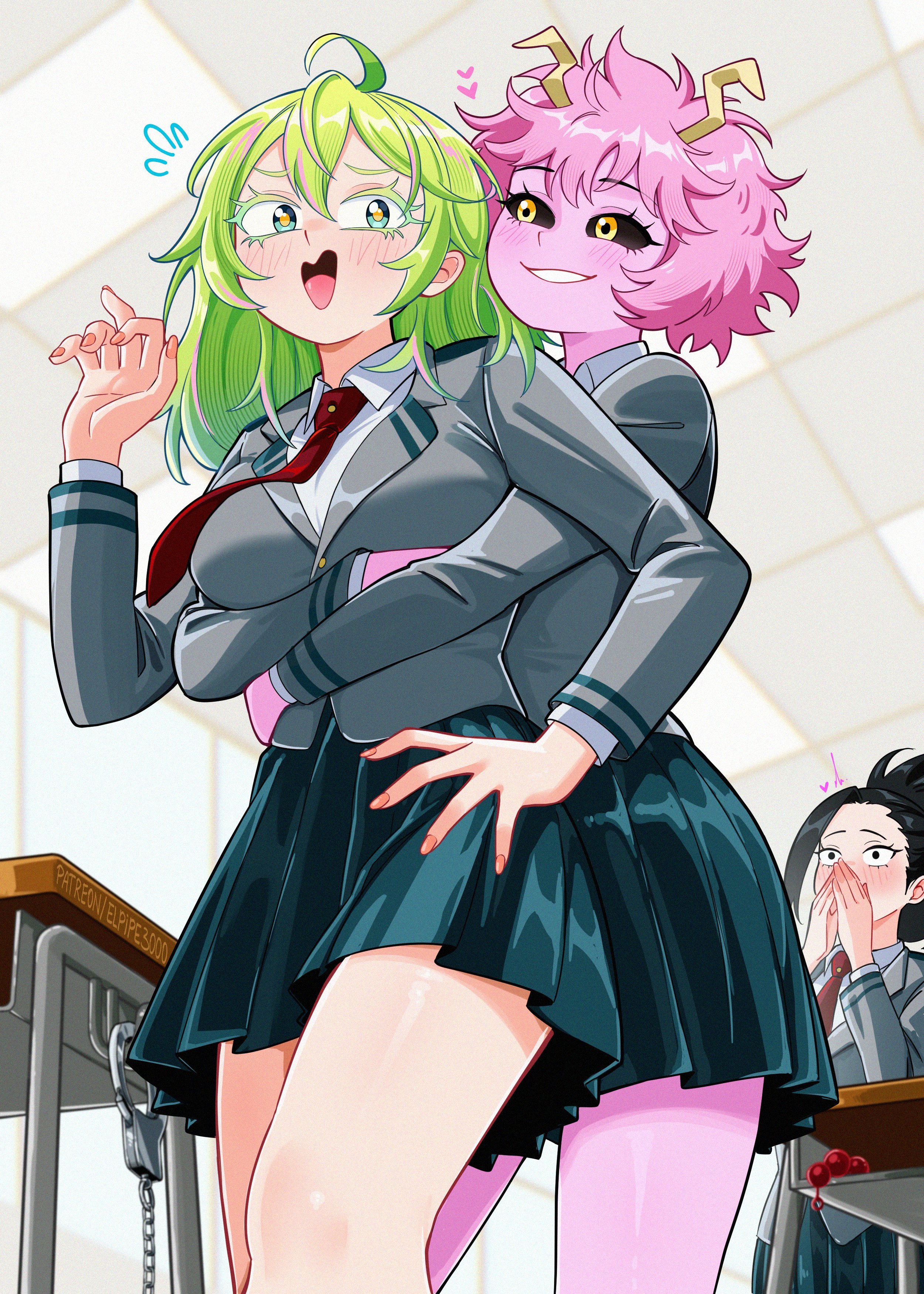 elpipe 3000, ashido mina, hagakure toru, yaoyorozu momo, boku no hero academia, absurdres, highres, 3girls, anal beads, colored skin, cuffs, desk, green hair, handcuffs, horns, hug, multiple girls, necktie, pink hair, pink skin, sex toy, skirt, smile, thighs, yuri