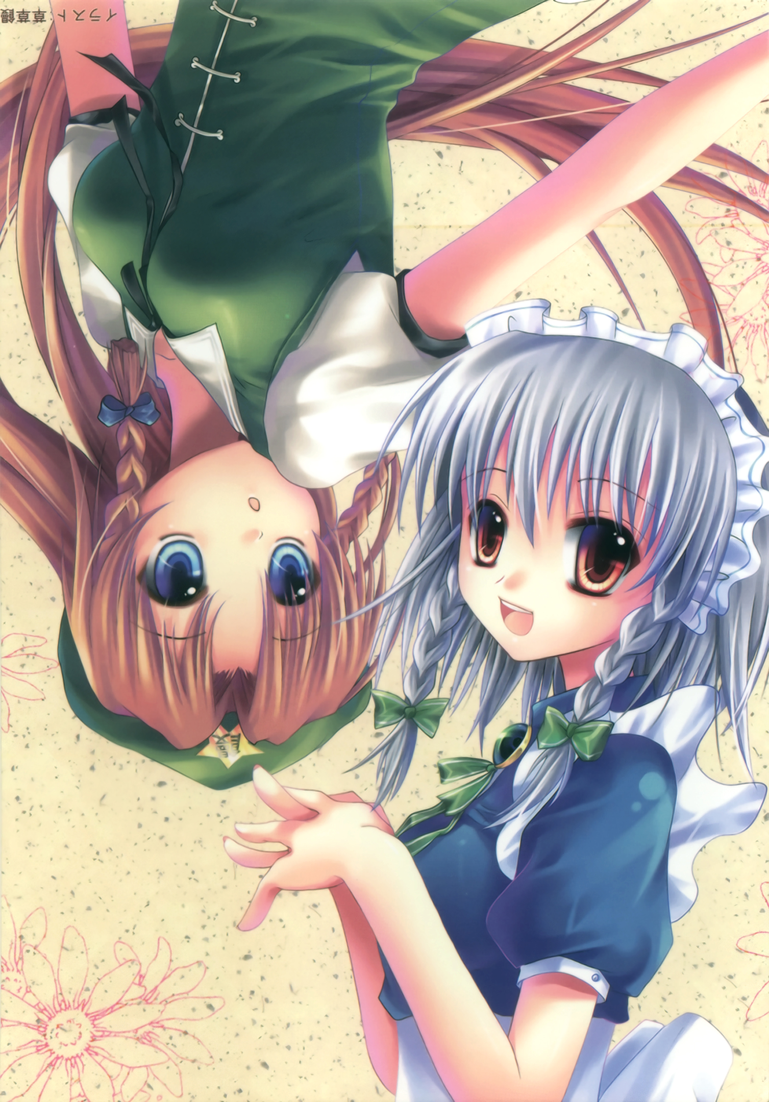 hong meiling, izayoi sakuya, embodiment of scarlet devil, touhou, silver hair, highres, 2girls, blue eyes, braid, china dress, chinese clothes, dress, female focus, hat, long hair, maid headdress, multiple girls, red eyes, red hair, short hair, twin braids