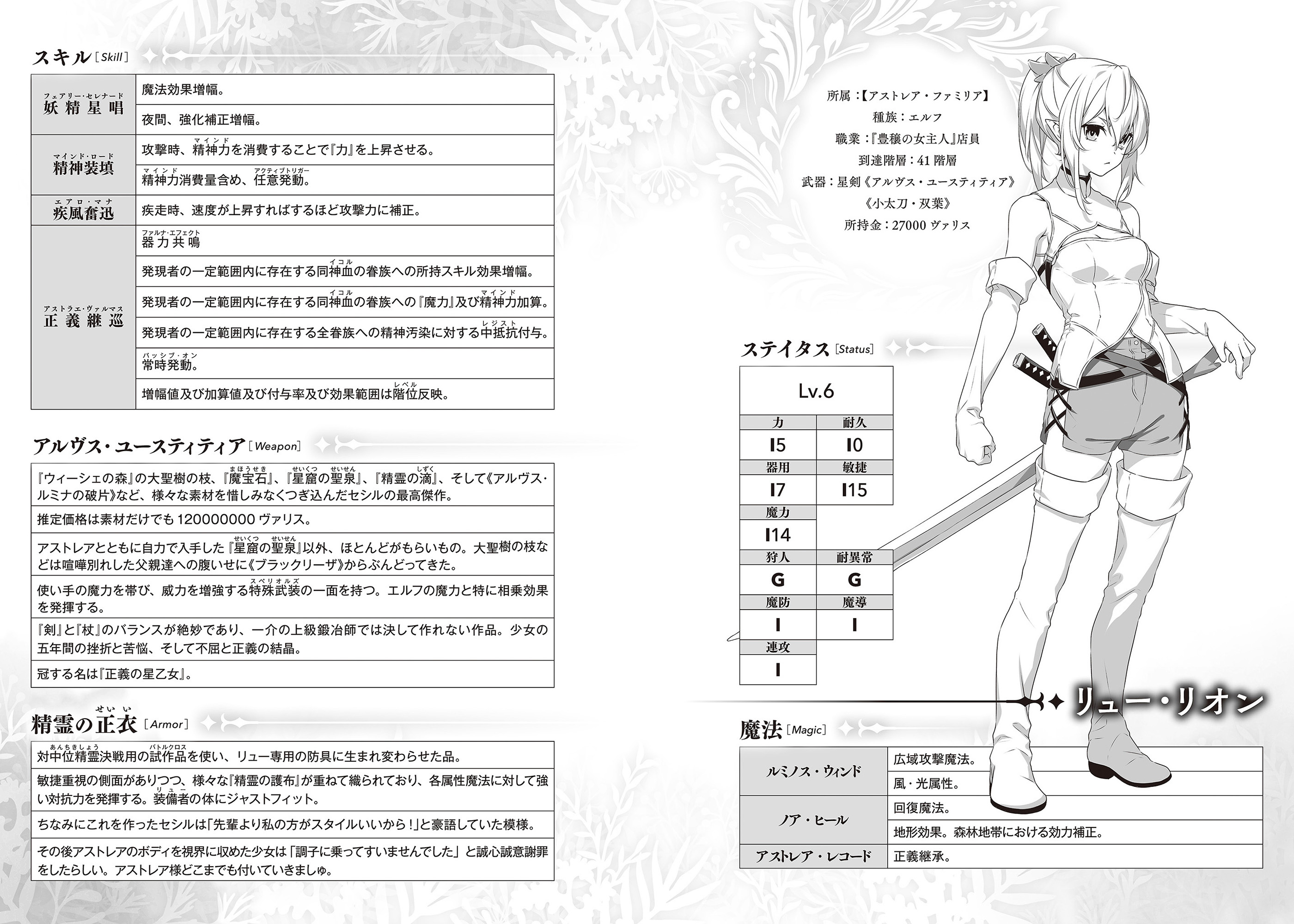 nilitsu, ryu lion, dungeon ni deai wo motomeru no wa machigatteiru darou ka, highres, novel illustration, official art, third-party source, translation request, 1girl, bare shoulders, boots, breasts, character profile, cleavage cutout, closed mouth, clothing cutout, cross-laced slit, elbow gloves, elf, gloves, greyscale, hair between eyes, hand on hilt, monochrome, pointy ears, ponytail, sheath, sheathed, shirt, shorts, sidelocks, sleeveless, sleeveless shirt, small breasts, solo, stats, sword, thigh boots, turtleneck, turtleneck shirt, weapon