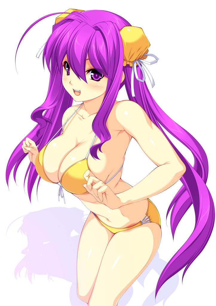 kinoshita ichi, original, 1girl, :d, ahoge, bikini, breasts, bun cover, cleavage, double bun, female focus, front-tie top, hair bun, large breasts, long hair, navel, open mouth, purple eyes, purple hair, shiny skin, smile, solo, standing, strap gap, swimsuit, twintails
