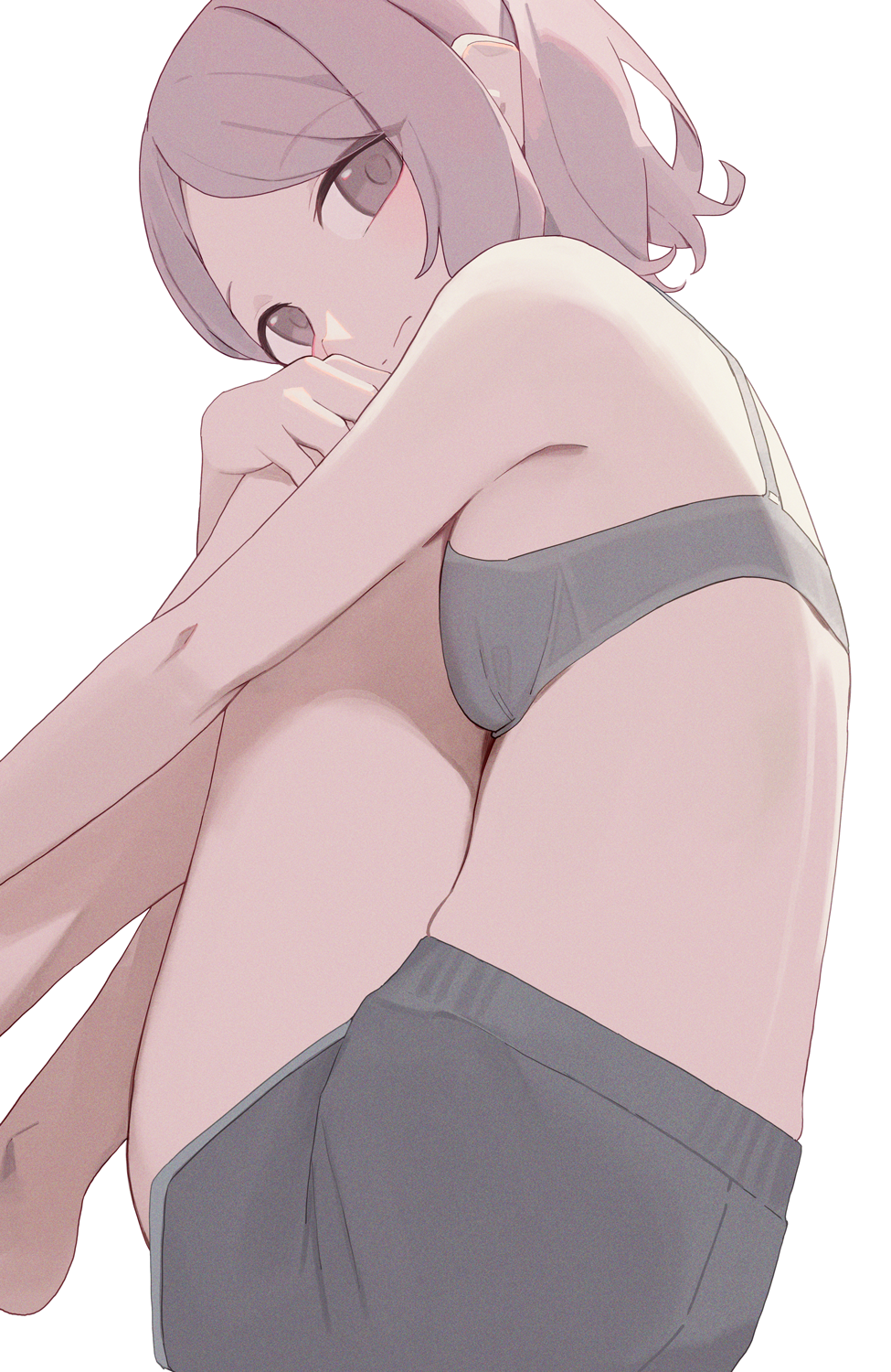 hiroki (yyqw7151), original, commentary, highres, 1girl, black shorts, bra, breasts, brown eyes, closed mouth, grey bra, grey shorts, knees up, looking at viewer, pink hair, short hair, short shorts, shorts, simple background, sitting, small breasts, solo, underwear, white background