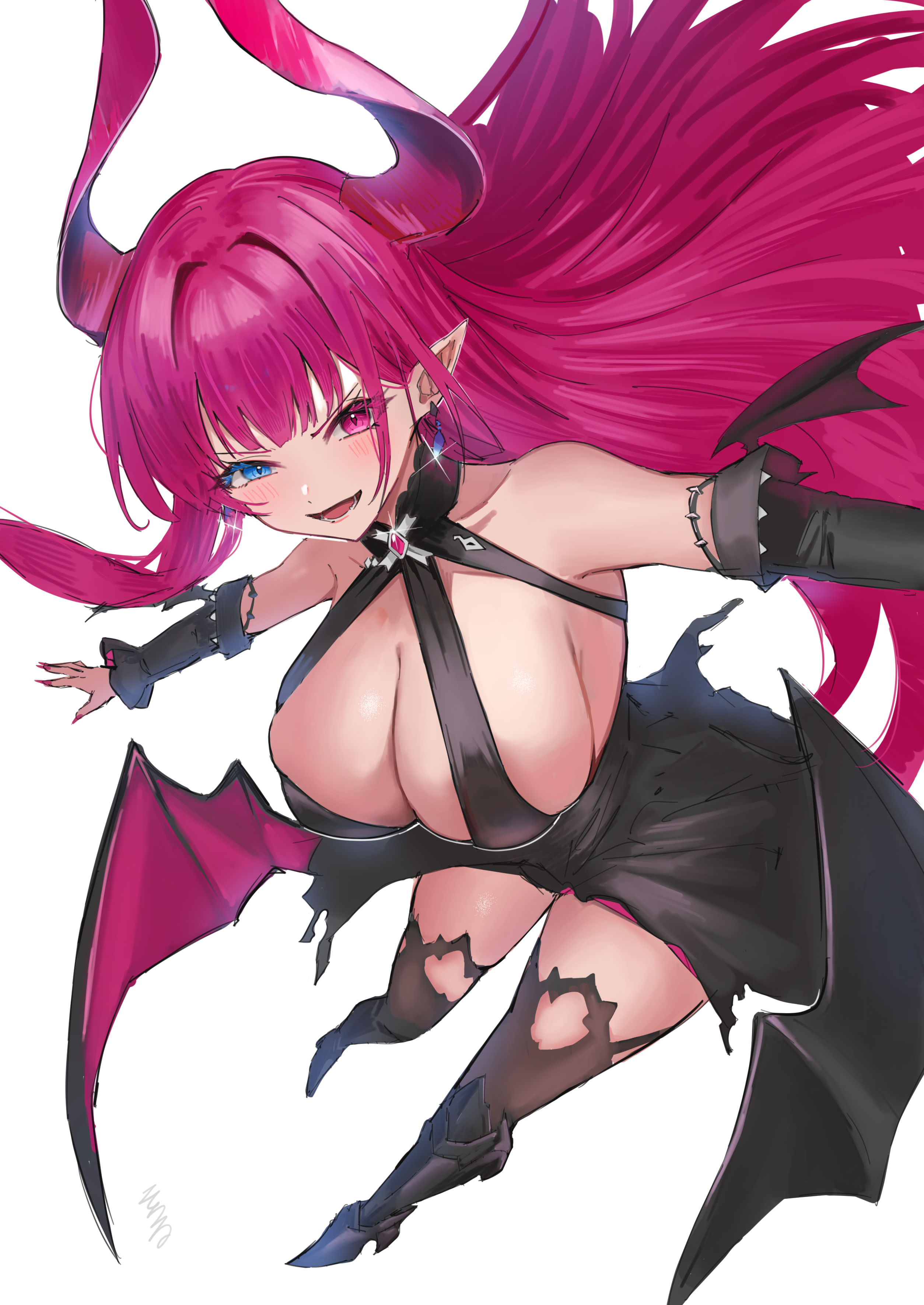 soul (dp11), mecklenburg (azur lane), azur lane, absurdres, commentary request, highres, 1girl, armored boots, black dress, black shoes, black sleeves, blue eyes, boots, breasts, cleavage, collarbone, demon girl, demon horns, demon wings, detached sleeves, dress, earrings, gem, heterochromia, horns, jewelry, large breasts, large horns, long hair, long horns, lower teeth only, open mouth, pink eyes, pink gemstone, pink hair, pink horns, shoes, simple background, teeth, torn clothes, torn dress, white background, wings