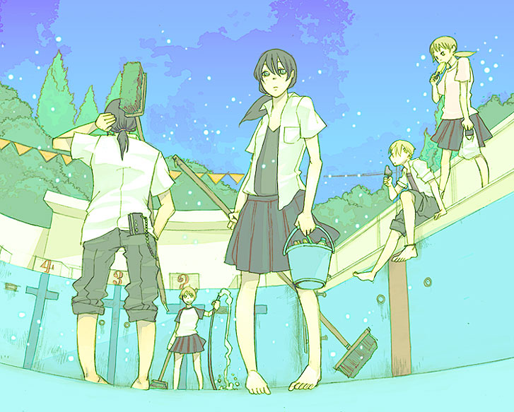 kajiwara shikaji, original, bad id, bad pixiv id, commentary, 2boys, 3girls, barefoot, black hair, blonde hair, blouse, broom, bucket, cleaning, empty pool, food, green eyes, hose, multiple boys, multiple girls, open clothes, open shirt, ponytail, pool, popsicle, raglan sleeves, school uniform, shirt, skirt, snow, swimsuit, swimsuit under clothes