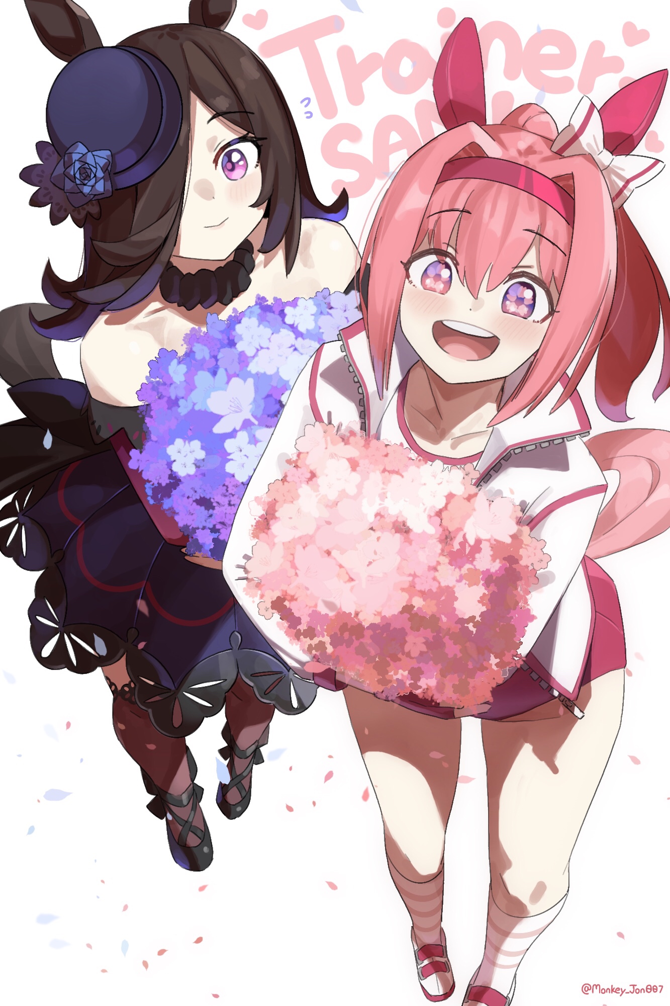 monkey jon, haru urara (bestest prize) (umamusume), haru urara (umamusume), rice shower (rosy dreams) (umamusume), rice shower (umamusume), umamusume, highres, 2girls, animal ears, bare shoulders, black thighhighs, brown hair, dress, flower, holding, holding flower, horse ears, horse girl, jacket, looking at viewer, multiple girls, open clothes, open jacket, open mouth, pink eyes, pink hair, purple dress, purple eyes, smile, thighhighs, twitter username, white jacket