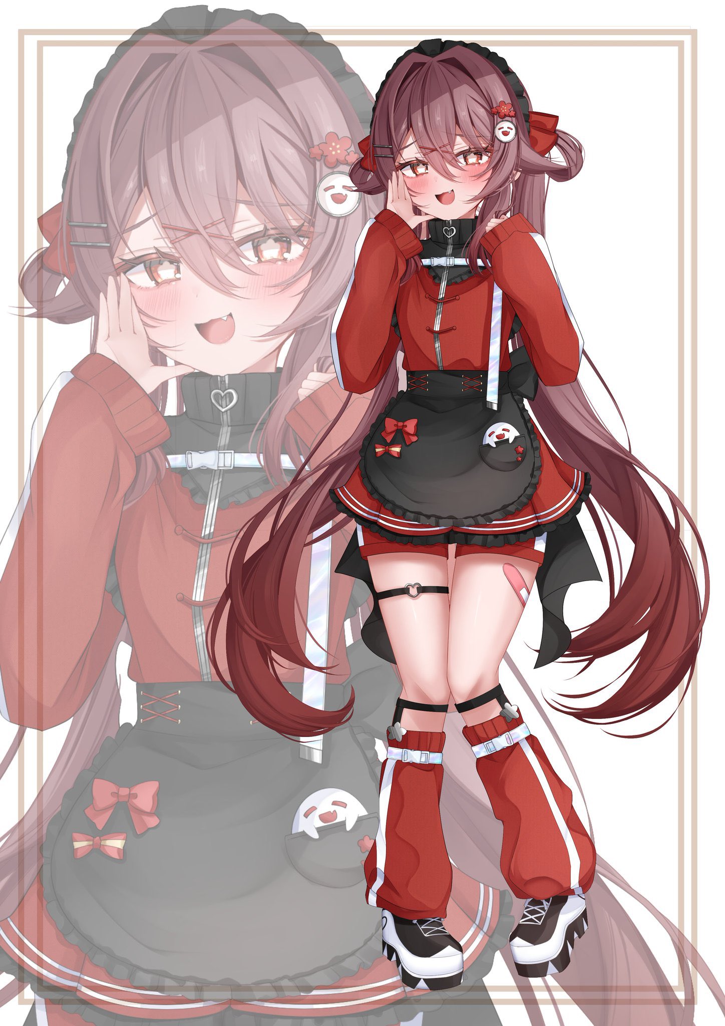 komor yuki, boo tao (genshin impact), hu tao (genshin impact), genshin impact, highres, 1girl, bandaid, bandaid on leg, black shoes, blush, bow, brown hair, flower-shaped pupils, hair between eyes, hair ornament, hairclip, long hair, long sleeves, multicolored shoes, open mouth, red bow, red eyes, red shorts, red skirt, red sweater, red thighhighs, shoes, shorts, skirt, smile, sneakers, solo, sweater, symbol-shaped pupils, thigh strap, thighhighs, turtleneck, turtleneck sweater, twintails, very long hair, white shoes, x hair ornament, zoom layer