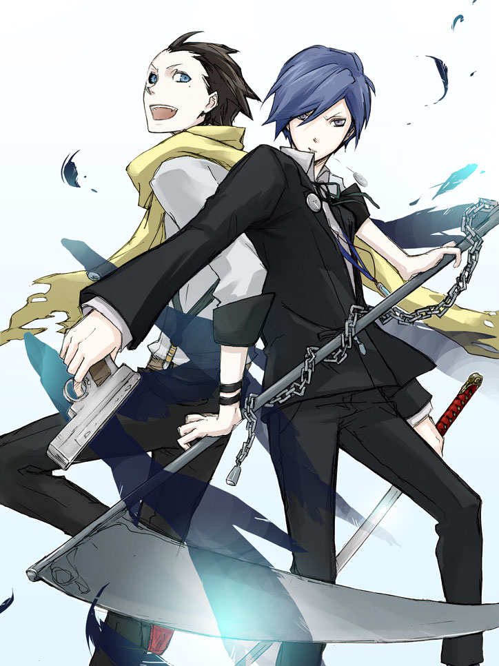 las, mochizuki ryouji, yuuki makoto (persona 3), atlus, persona, persona 3, bad id, bad pixiv id, 2boys, black hair, blue eyes, blue hair, chain, digital walkman, evoker, gun, headphones, mp3 player, multiple boys, school uniform, scythe, suspenders, walkman nw-s203f, weapon