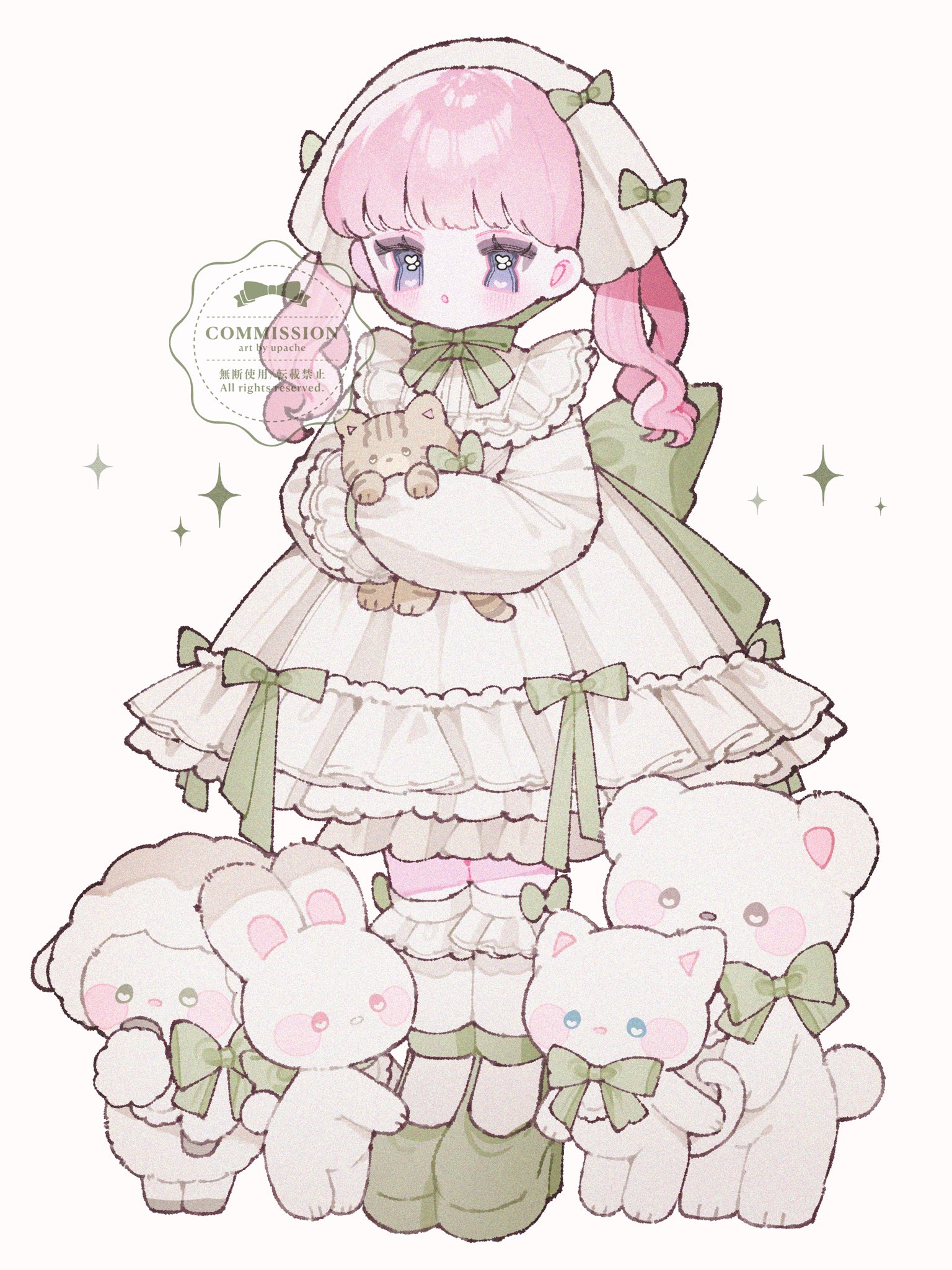 upache, original, commentary, commission, highres, symbol-only commentary, 1girl, :o, animal, back bow, bear, blue eyes, blush, bow, bowtie, cat, dress, dress bow, frilled dress, frilled socks, frills, full body, green bow, green bowtie, green shoes, headscarf, holding, holding animal, long hair, long sleeves, open mouth, pink hair, rabbit, sheep, shoes, simple background, socks, solo, sparkle, standing, twintails, watermark, white background, white dress, white headscarf, white socks