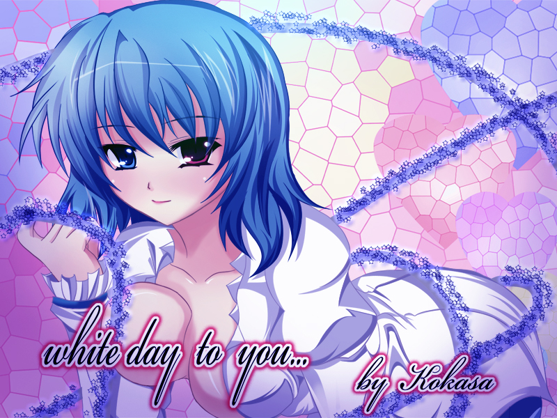 onsen tamago (nurumayu onsen), tatara kogasa, touhou, bad id, bad pixiv id, 1girl, blue eyes, blue hair, breasts, censored, convenient censoring, english text, engrish text, female focus, heterochromia, matching hair/eyes, ranguage, red eyes, solo