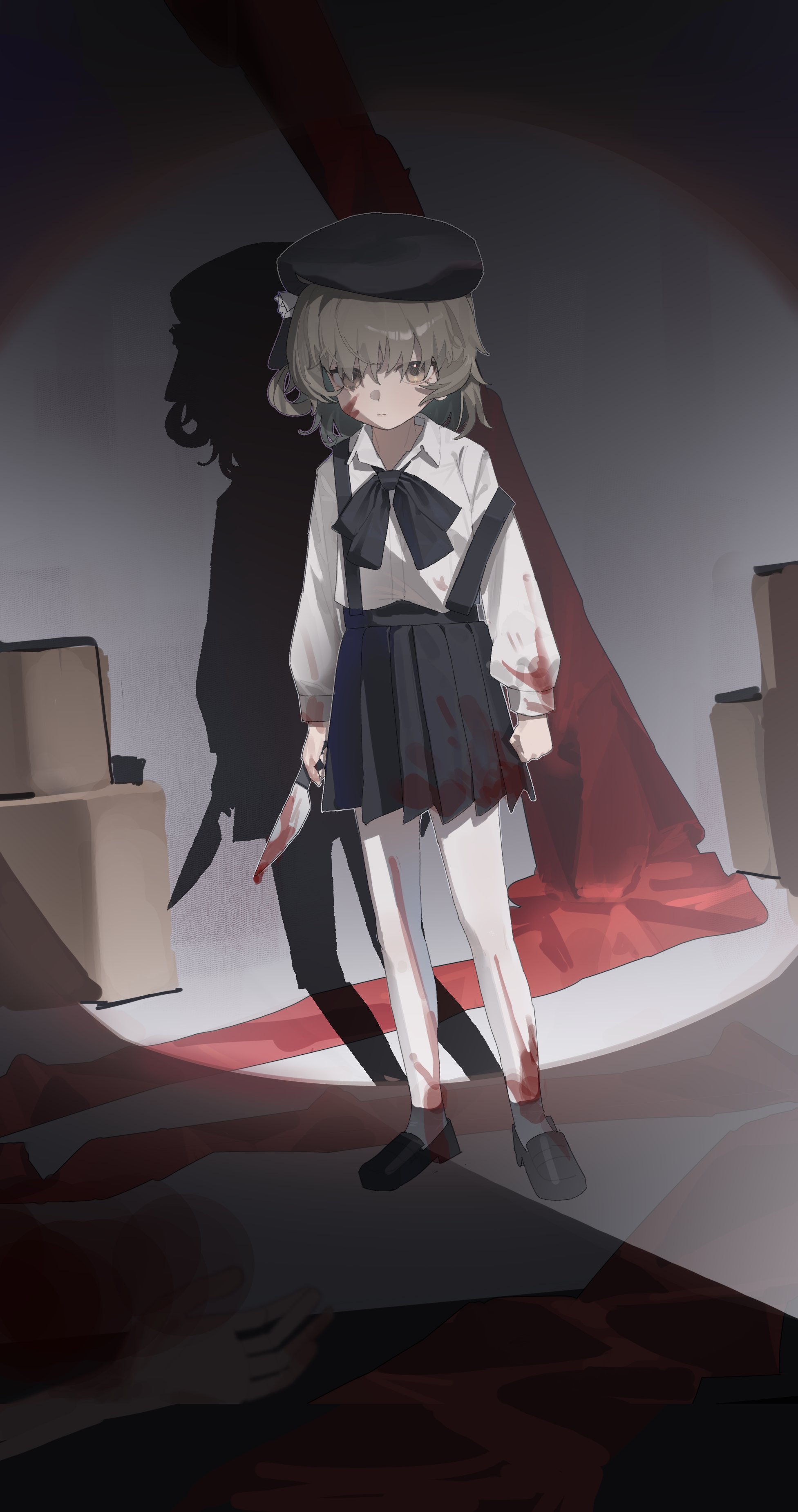 ar2a, hatoba tsugu, tsugu (vtuber), absurdres, highres, 1girl, 1other, beret, black bow, black bowtie, black hat, black shoes, black skirt, blood, blood on clothes, blood on face, bloody weapon, bow, bowtie, expressionless, grey hair, hat, holding, holding knife, holding weapon, knife, long sleeves, murder, pantyhose, pleated skirt, shadow, shirt, shirt tucked in, shoes, skirt, solo focus, suspender skirt, suspenders, virtual youtuber, weapon, white pantyhose, white shirt