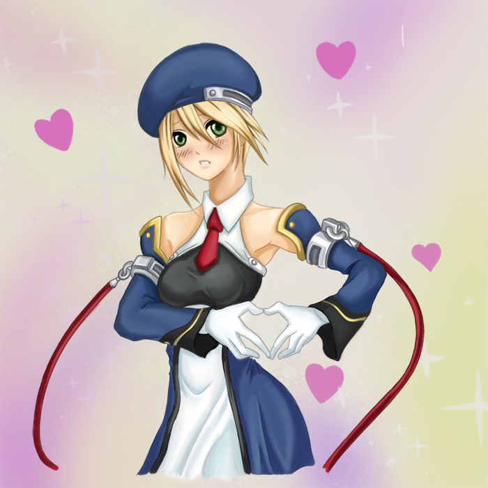 noel vermillion, arc system works, blazblue, beret, detached sleeves, four-finger heart hands, hat, heart, heart hands, moe moe kyun!, solo