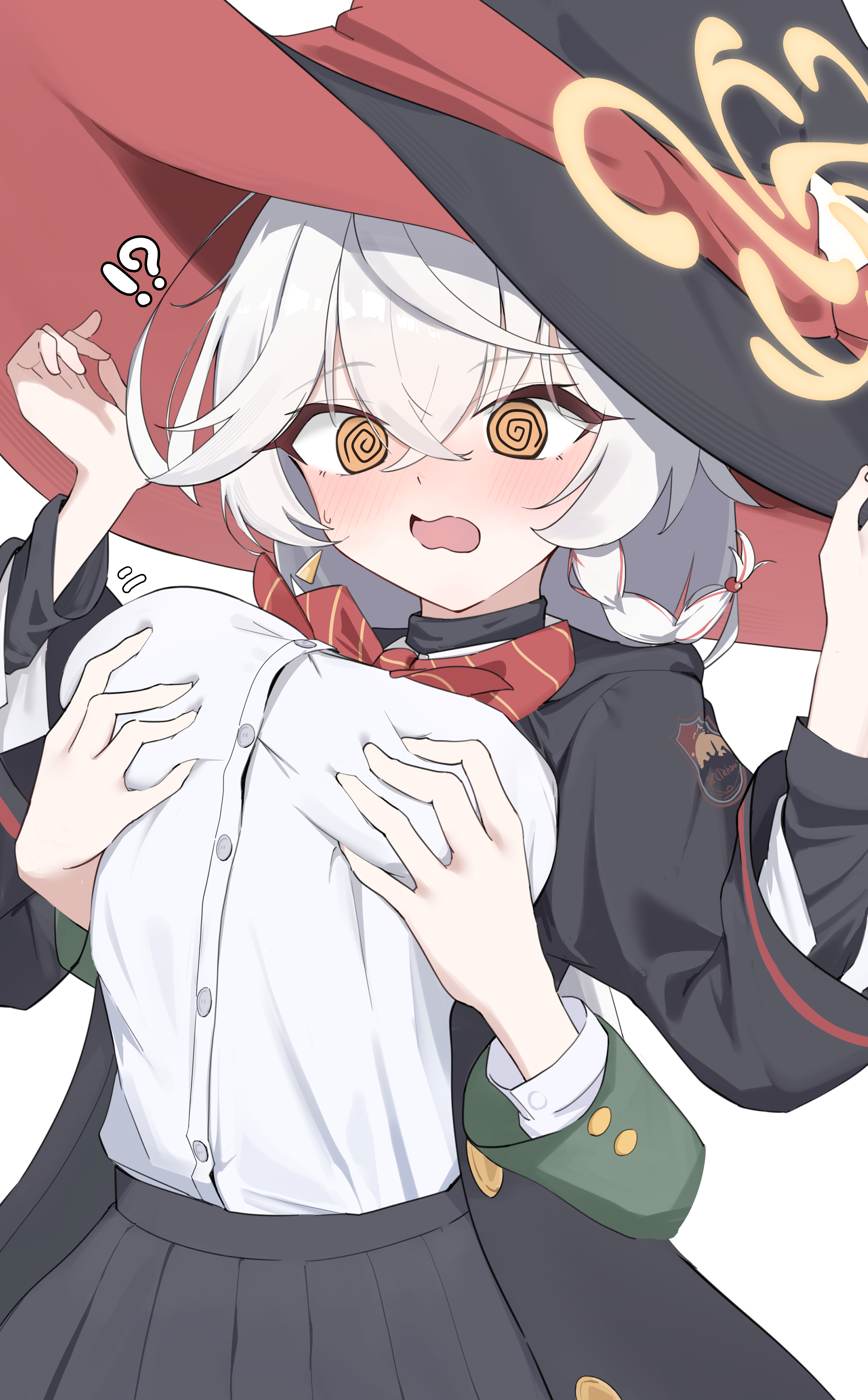 eri (blue archive), blue archive, absurdres, commentary request, highres, !?, 2girls, @ @, black robe, black skirt, blush, bow, breasts, buttons, earrings, embarrassed, groping, halo, hat, jewelry, large breasts, long hair, long sleeves, multiple girls, no ra339, open mouth, orange eyes, orange halo, pleated skirt, red bow, red hair, robe, shirt, simple background, skirt, solo focus, tilted halo, white background, white hair, white shirt, witch hat