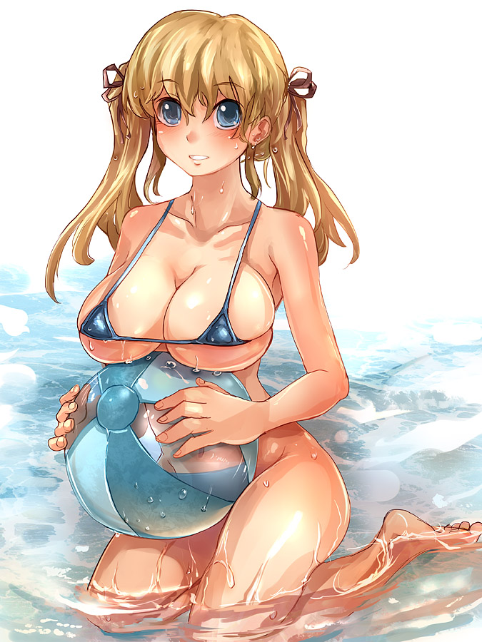 suoni (deeperocean), original, 1girl, ball, barefoot, beachball, bikini, blonde hair, blue bikini, blue eyes, bottomless, breasts, female focus, large breasts, long hair, micro bikini, solo, string bikini, swimsuit, twintails, wet
