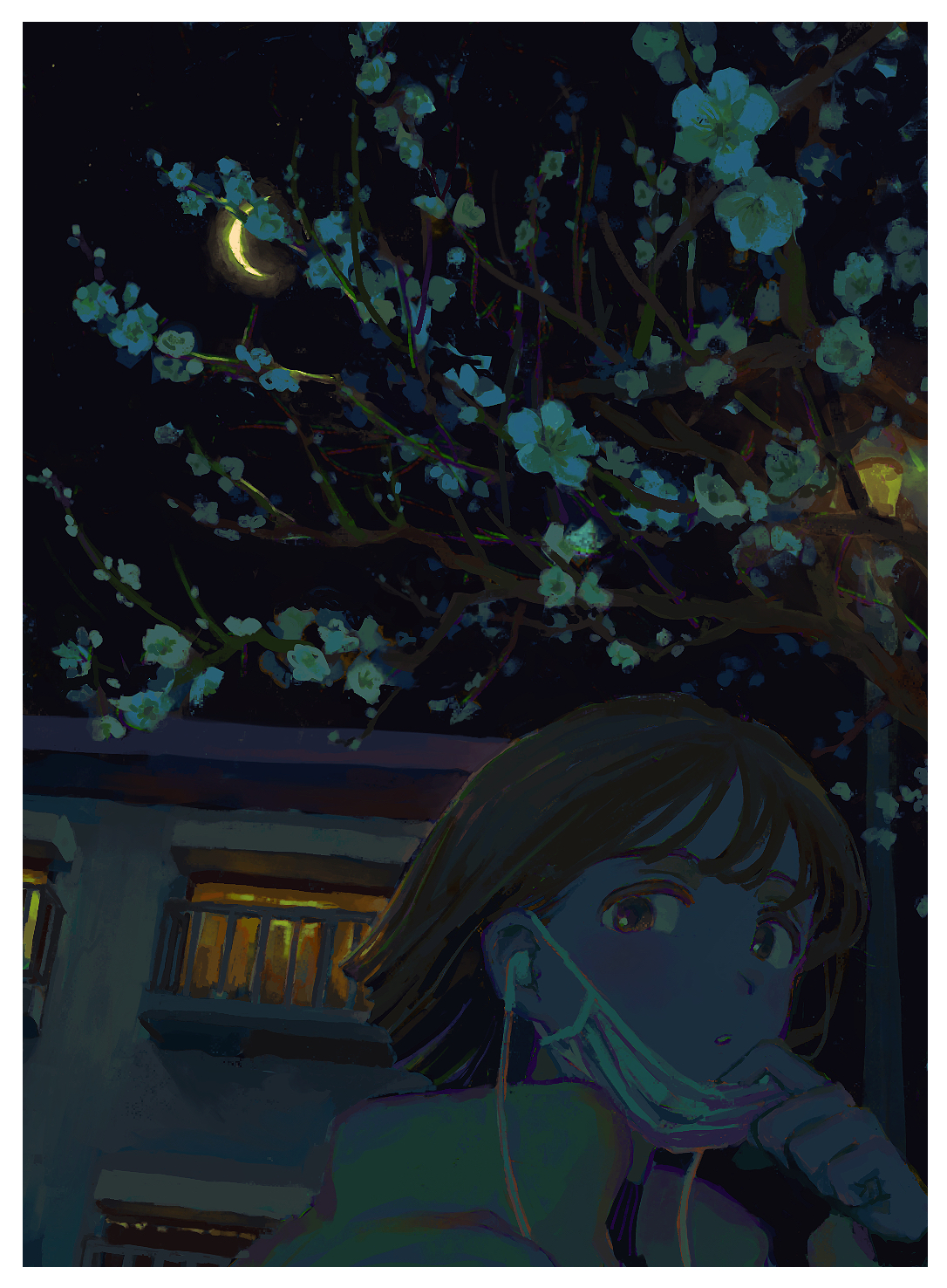 oimoti tn, original, highres, 1girl, border, brown eyes, brown hair, building, crescent moon, dark, earbuds, earphones, green jacket, house, jacket, mask, mask pull, moon, mouth mask, night, outdoors, parted lips, short hair, sky, solo, star (sky), starry sky, surgical mask, tree, white border