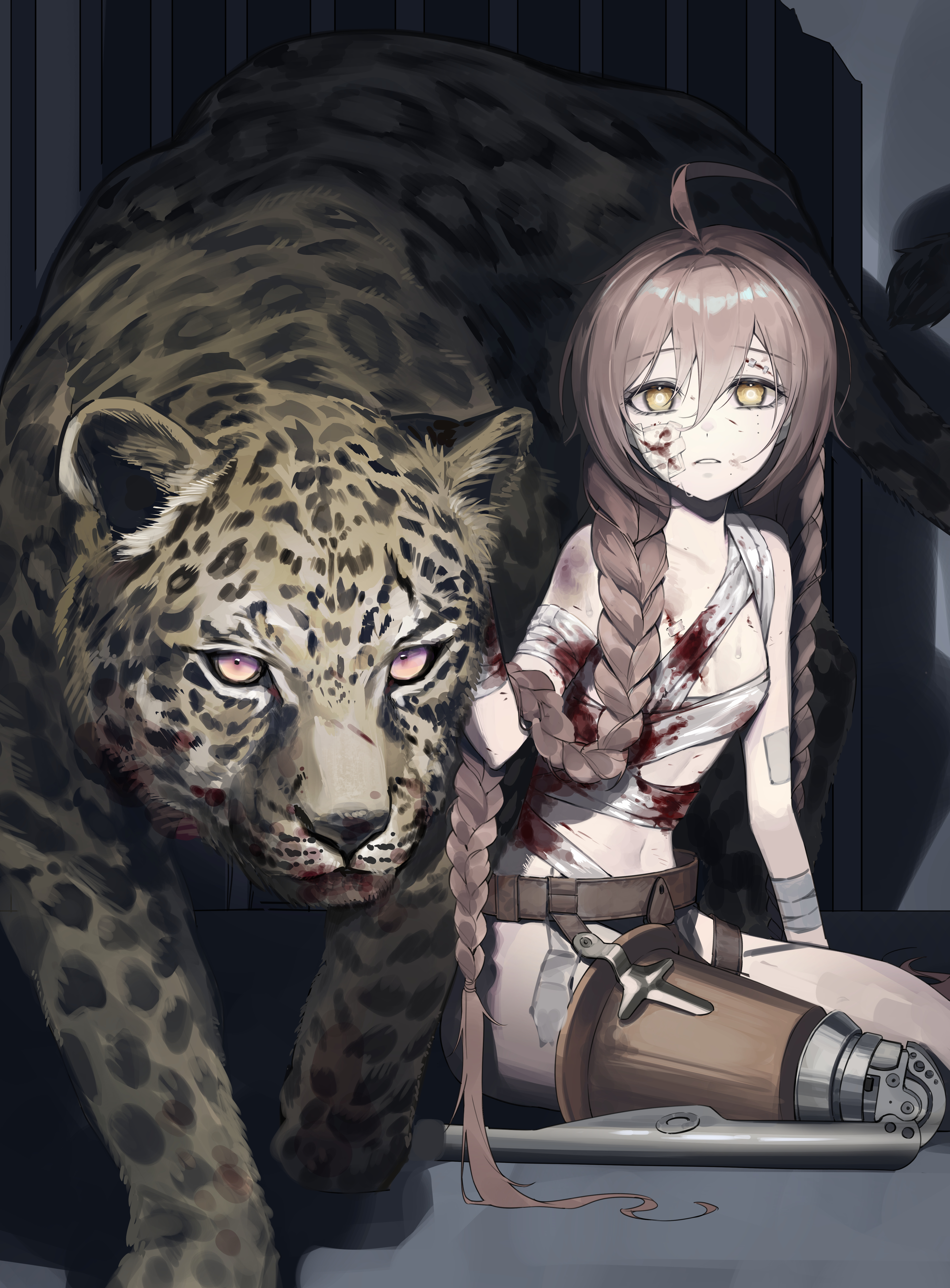 k hottok, absurdres, commission, copyright request, highres, 1girl, ahoge, amputee, animal, bandaged chest, bandages, blood, blood on face, bloody bandages, braid, breasts, brown hair, hair between eyes, hair intakes, injury, leopard, long hair, parted lips, prosthesis, prosthetic leg, sitting, small breasts, thighhighs, very long hair, wariza, yellow eyes, zettai ryouiki