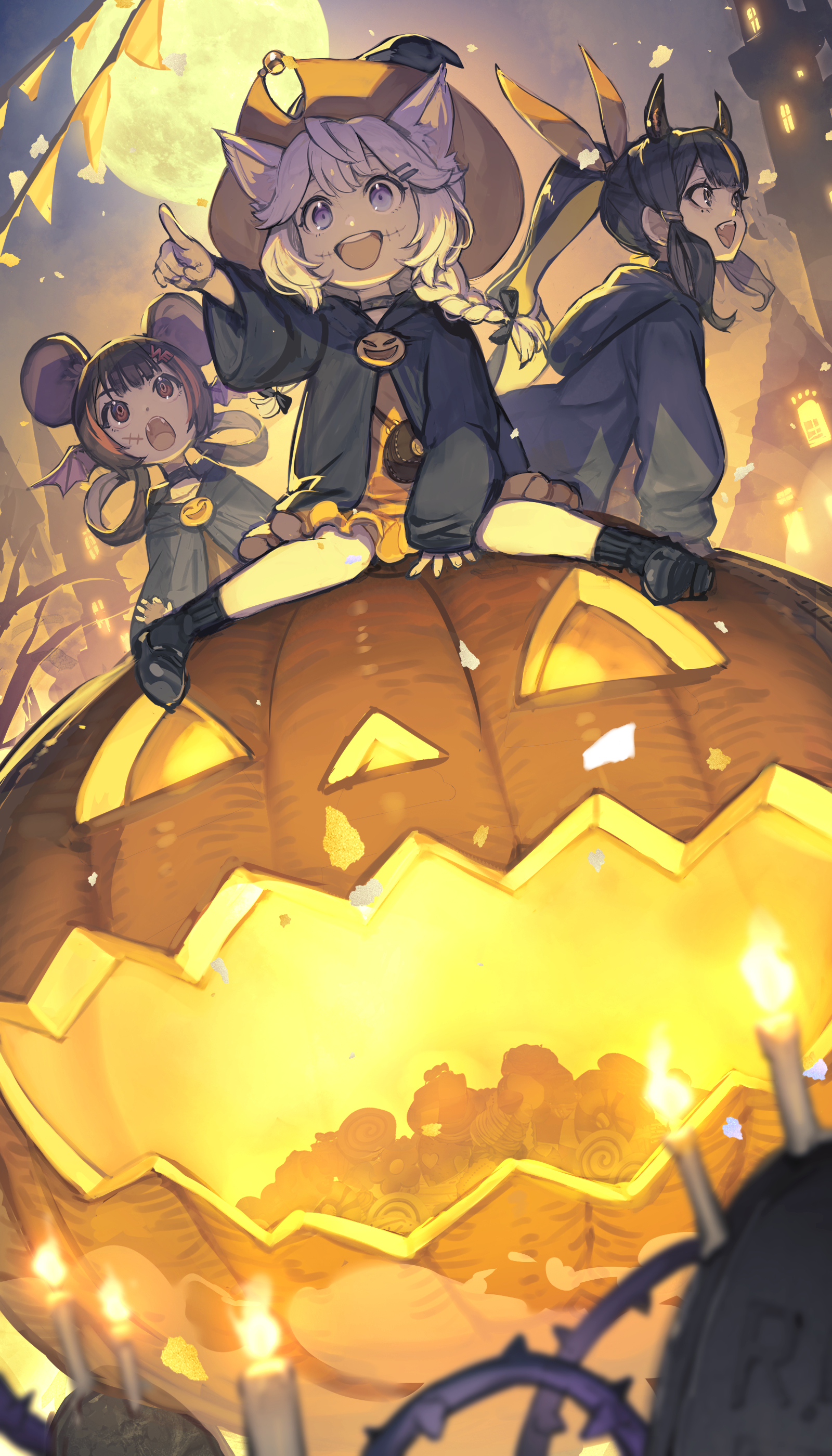 hide (hideout), original, absurdres, commentary request, commission, highres, skeb commission, 3girls, animal ears, black hair, black shoes, black socks, bow, braid, bunting, candle, candy, castle, cat ears, choker, cloak, dress, fangs, food, full moon, glasgow smile, hair bow, hair ornament, hair rings, hairclip, halloween, halloween costume, hat, head wings, hood, hooded cloak, jack-o'-lantern, moon, mouse ears, multicolored hair, multiple girls, night, open mouth, orange dress, pointing, ponytail, pumpkin, purple eyes, purple hair, red hair, round teeth, shoes, sitting, socks, streaked hair, teeth, thorns, tombstone, wings, witch hat