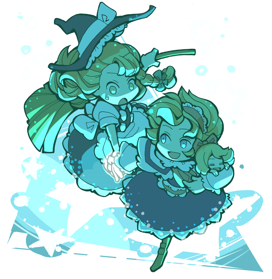 hounori, alice margatroid, kirisame marisa, shanghai doll, touhou, 2girls, :d, :o, animal, blonde hair, blush, cat, chibi, dress, female focus, hat, magic circle, multiple girls, open mouth, running, shaded face, smile, surprised, tareme, witch hat