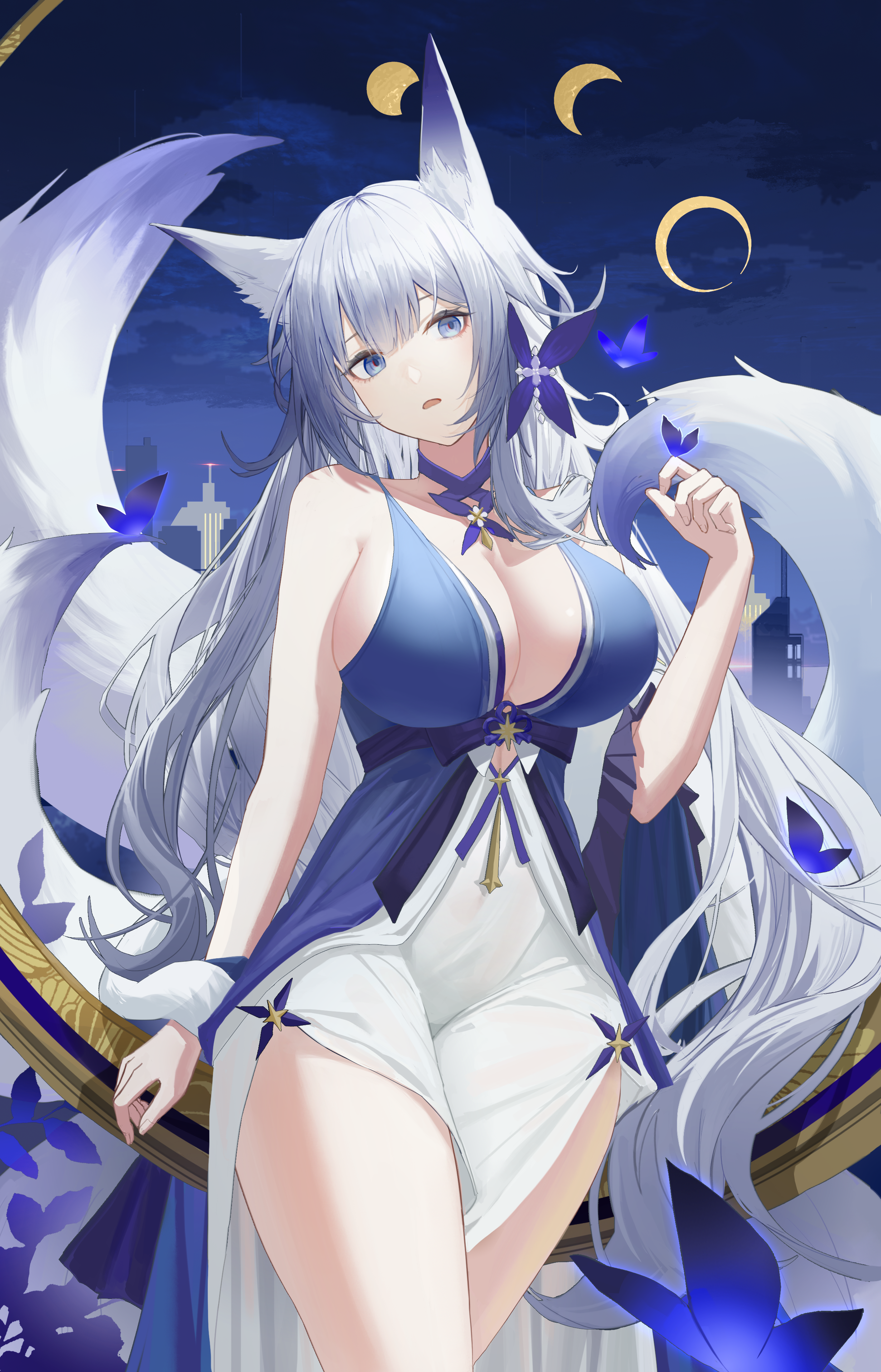 wolf zzzzz, shinano (azur lane), shinano (dreams of the hazy moon) (azur lane), azur lane, absurdres, highres, 1girl, animal ear fluff, animal ears, blue collar, blue dress, blue eyes, bug, butterfly, collar, dress, evening gown, fox ears, fox girl, fox tail, halter dress, halterneck, insect, large tail, long hair, moon phases, multiple tails, night, night sky, official alternate costume, open mouth, sky, solo, tail, white tail