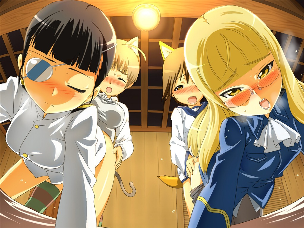 koube an, strike witches, world witches series, ass grab, 00s, 2futa, 2girls, black hair, blonde hair, blush, breasts, brown eyes, brown hair, clothed sex, doggystyle, eyepatch, futa with female, futanari, glasses, looking at viewer, medium breasts, multiple futa, multiple girls, one eye closed, sex, sex from behind, small breasts, thighhighs, vaginal, yellow eyes