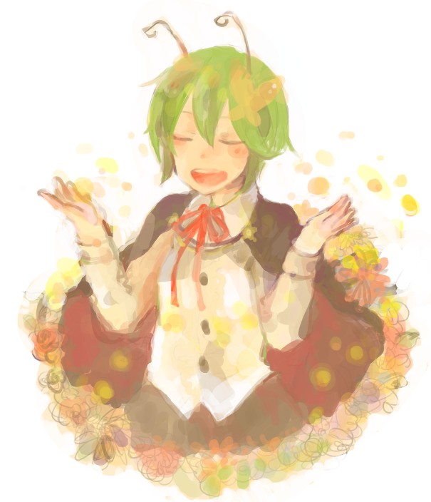 usagiho, wriggle nightbug, touhou, bad id, bad pixiv id, 1girl, antennae, cape, closed eyes, female focus, flower, open mouth, plant, solo, white background