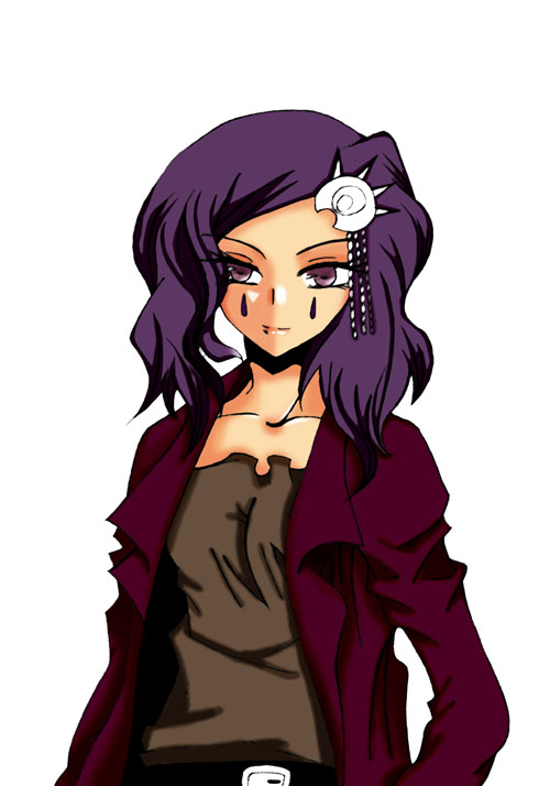 cirucci sanderwicci, bleach, artist request, 00s, 1girl, alternate costume, alternate hairstyle, arrancar, casual, facial mark, female focus, hair ornament, jacket, purple eyes, purple hair, short twintails, solo, tattoo, teardrop tattoo, twintails, wavy hair