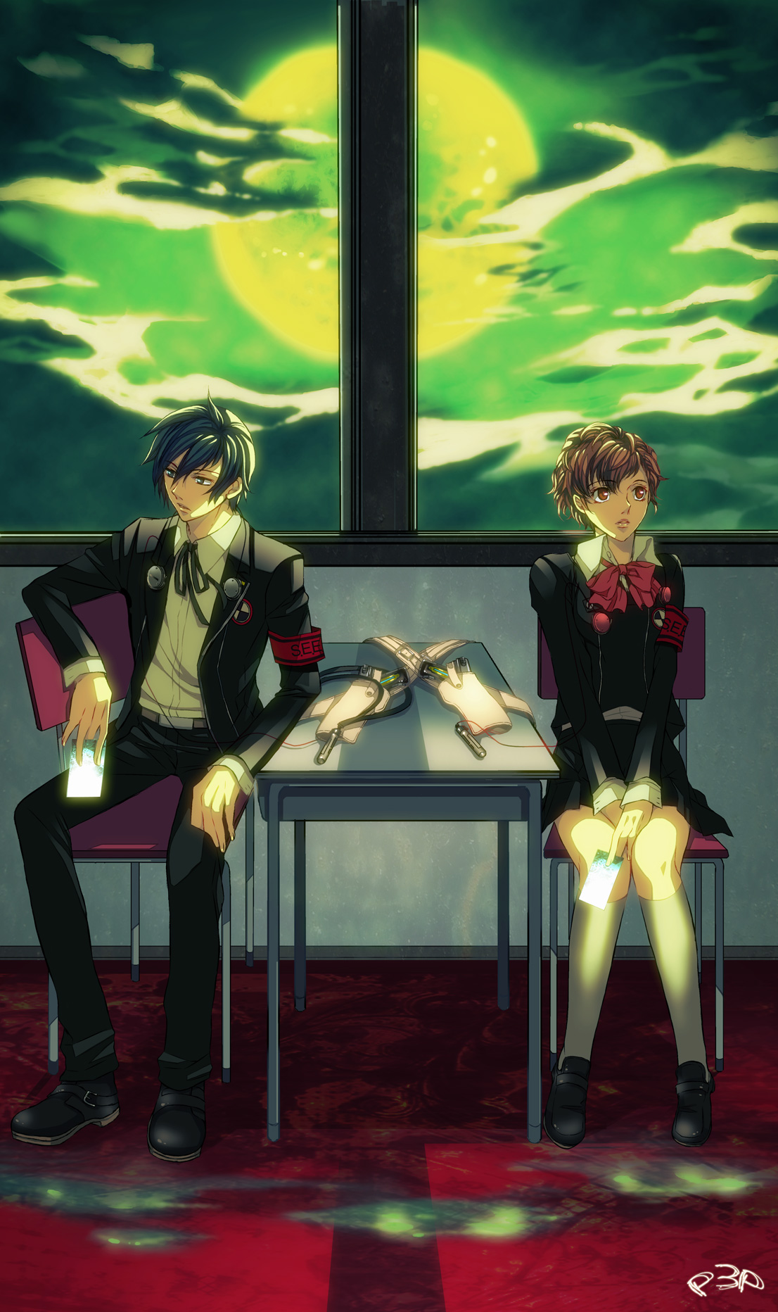 nishi juuji, shiomi kotone, yuuki makoto (persona 3), atlus, persona, persona 3, persona 3 portable, highres, 1boy, 1girl, armband, blue eyes, blue hair, brown hair, earphones, evoker, full moon, gun, headphones, moon, nikokorozashi juuji, red eyes, school uniform, weapon