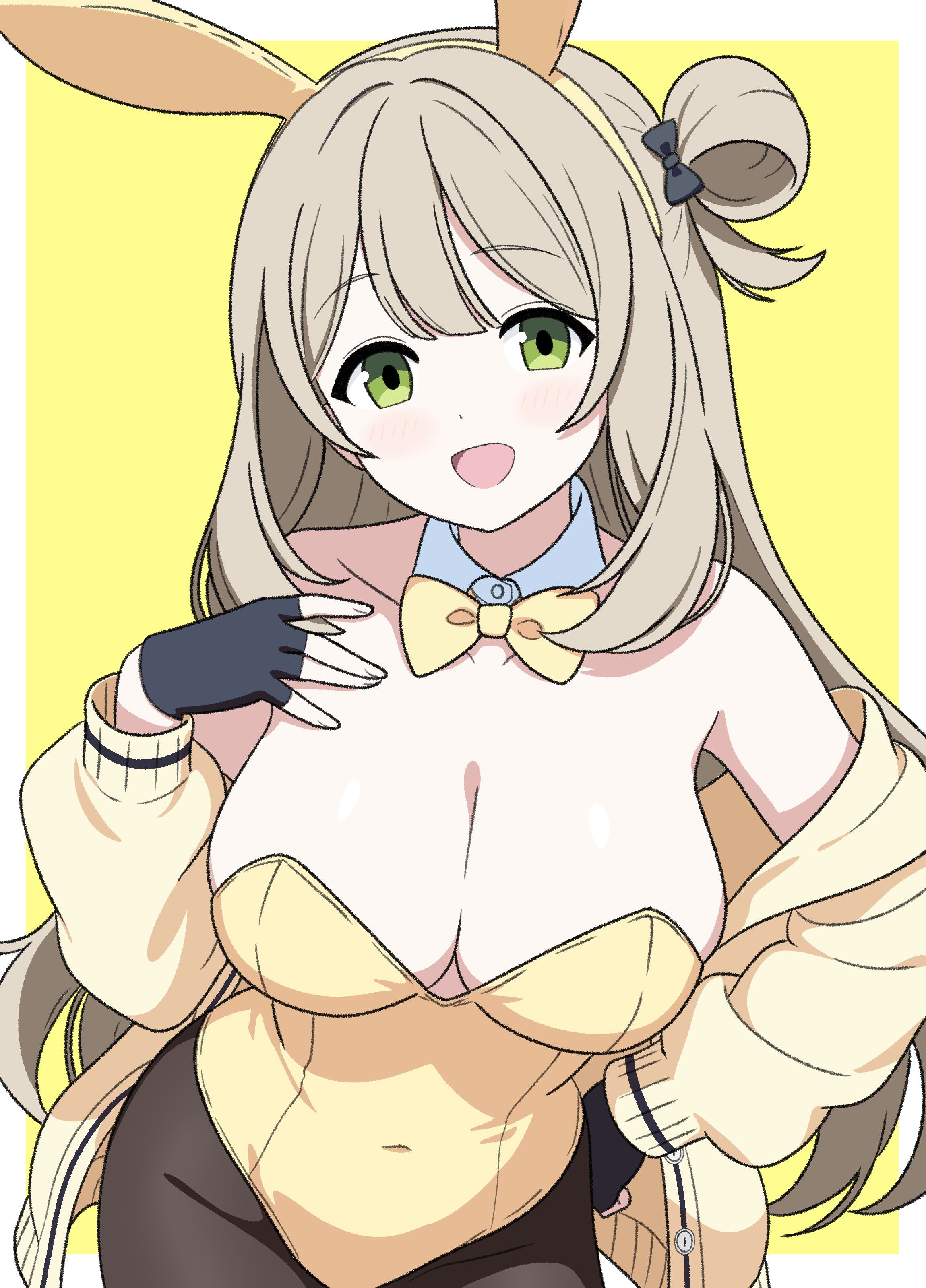 nipehi, nonomi (blue archive), blue archive, absurdres, highres, 1girl, :d, alternate costume, animal ears, black gloves, breasts, cleavage, fake animal ears, gloves, green eyes, large breasts, leotard, looking at viewer, open mouth, playboy bunny, rabbit ears, simple background, smile, yellow background, yellow leotard