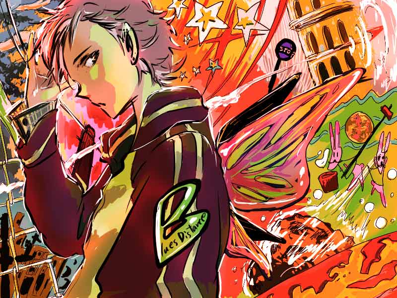 sugi, bad id, bad pixiv id, gender request, androgynous, colorful, jacket, pointy ears, short hair, solo, wings