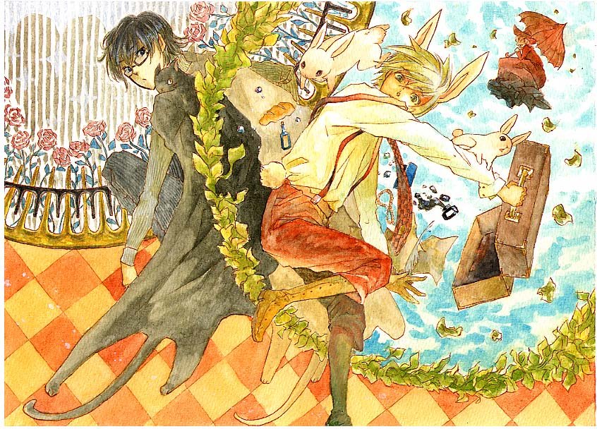 sugi, bad id, bad pixiv id, traditional media, 1girl, 2boys, animal ears, black hair, blonde hair, boots, cape, glasses, multiple boys, rabbit, rabbit ears, short hair, suitcase, suspenders, umbrella