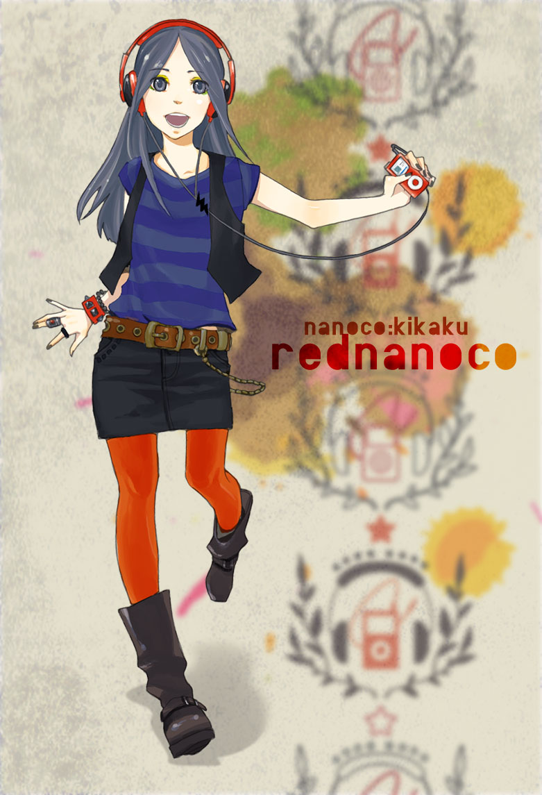 kajiwara shikaji, original, silver hair, bad id, bad pixiv id, commentary request, 1girl, belt, blue eyes, boots, bracelet, chain, collarbone, fashion, female focus, grey nails, headphones, ipod, ipod nano, ipod nano 5g, jewelry, legs, long hair, mp3 player, nail polish, open mouth, pantyhose, pencil skirt, red pantyhose, ring, skirt, solo, vest