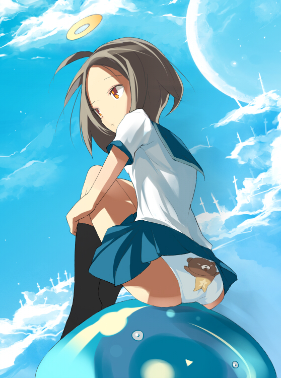 momi, original, bad id, bad pixiv id, 1girl, :>, bear, black socks, bored, brown eyes, brown hair, cloud, day, female focus, frown, halo, hugging own legs, kneehighs, outdoors, panties, school uniform, serafuku, short hair, sky, socks, solo, underwear, white panties