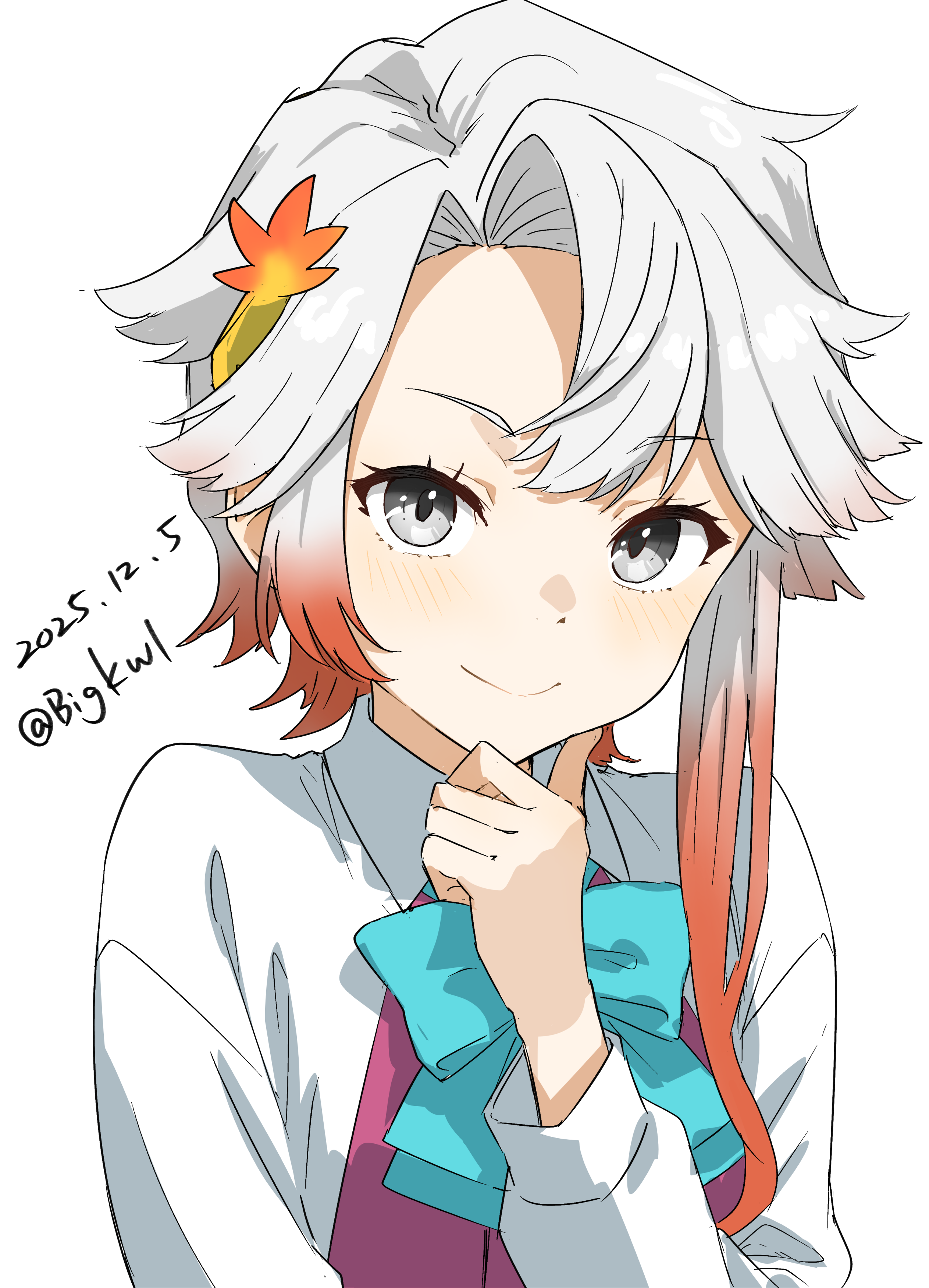 bigkwl, akishimo (kancolle), kantai collection, absurdres, commentary, highres, 1girl, asymmetrical hair, blush, bow, bowtie, closed mouth, collared shirt, dated, dated commentary, gradient hair, green bow, green bowtie, grey eyes, hand up, long hair, long sleeves, looking at viewer, multicolored hair, red hair, shirt, simple background, smile, solo, twitter username, two-tone hair, upper body, white background, white hair, white shirt