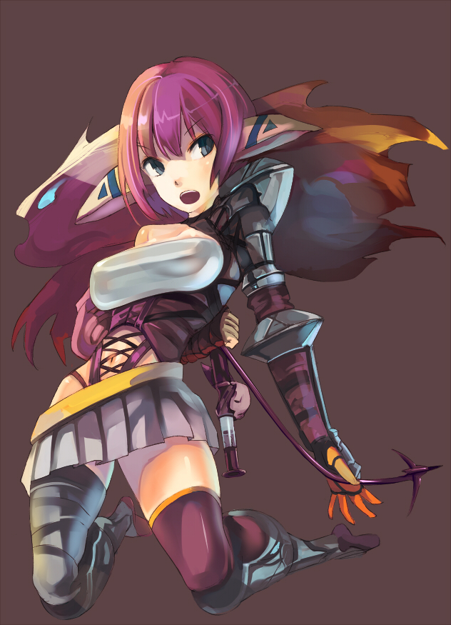 momi, original, bad id, bad pixiv id, 1girl, arm behind back, armor, armored boots, blue eyes, boots, breasts, female focus, grey skirt, holding, kneeling, looking to the side, miniskirt, navel, open mouth, pink hair, pleated skirt, pointy ears, simple background, skirt, solo, thighhighs, whip