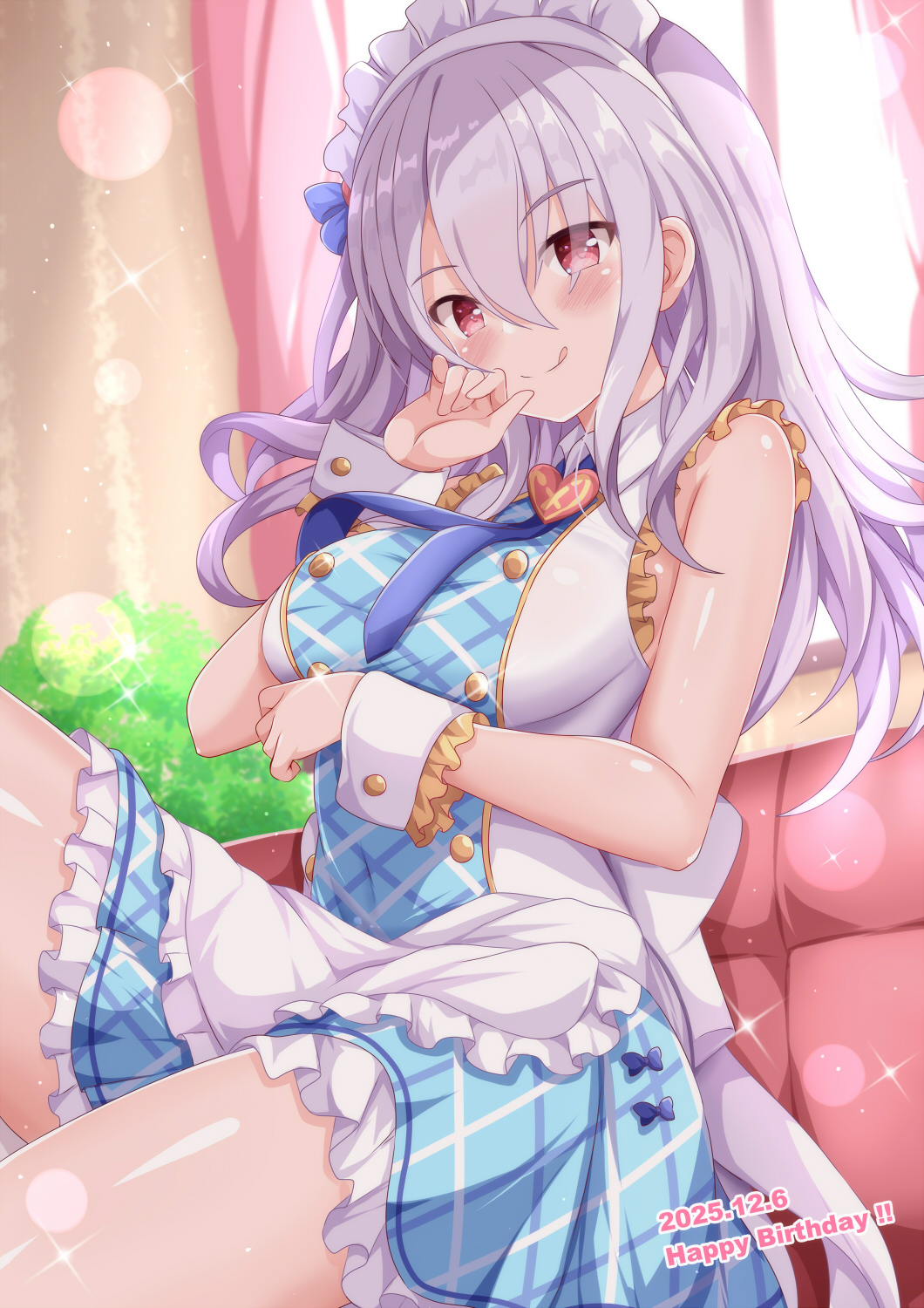 xenon (for achieve), sumeragi setsuna, ongeki, commentary request, highres, 1girl, :p, apron, bare arms, blue dress, blush, breasts, couch, curtains, dress, hair between eyes, hairy, indoors, long hair, looking at viewer, maid, maid apron, maid headdress, purple eyes, purple hair, sitting, small breasts, solo, sumeragi setsuna (primera fes), thighs, tongue, tongue out, white dress, window, wrist cuffs